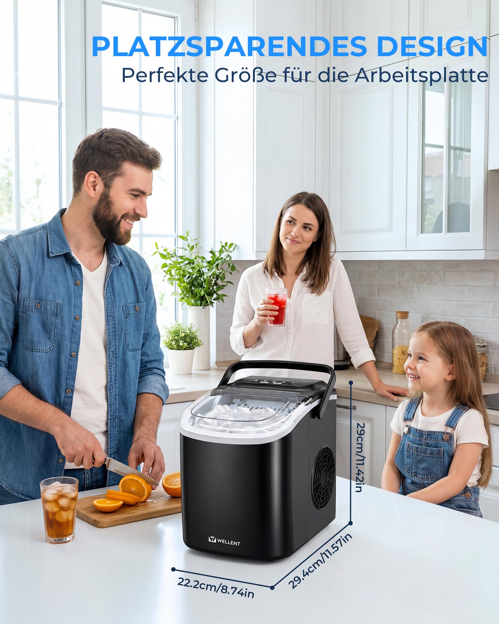 WELLENT Eiswürfelmaschine Klein – Ice Maker mit Selbstreinigung & 2 Größen, 8 Würfel in 6 Min (12kg/24h) – Tragbarer Tisch-Ice Maker für Küche, Büro, RV, Bar, Camping & Fußballabend