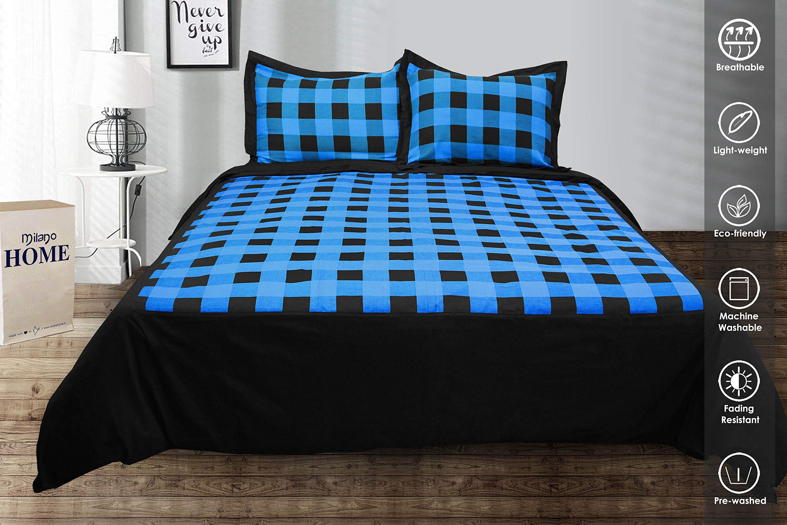 Milano Home Buffalo Checks 100% Natural Cotton 3 pc Checkered Duvet Cover with 2 Pillow Cases, Modern Style Bedding Soft Feel Hidden Buttons - King (Black & Blue)