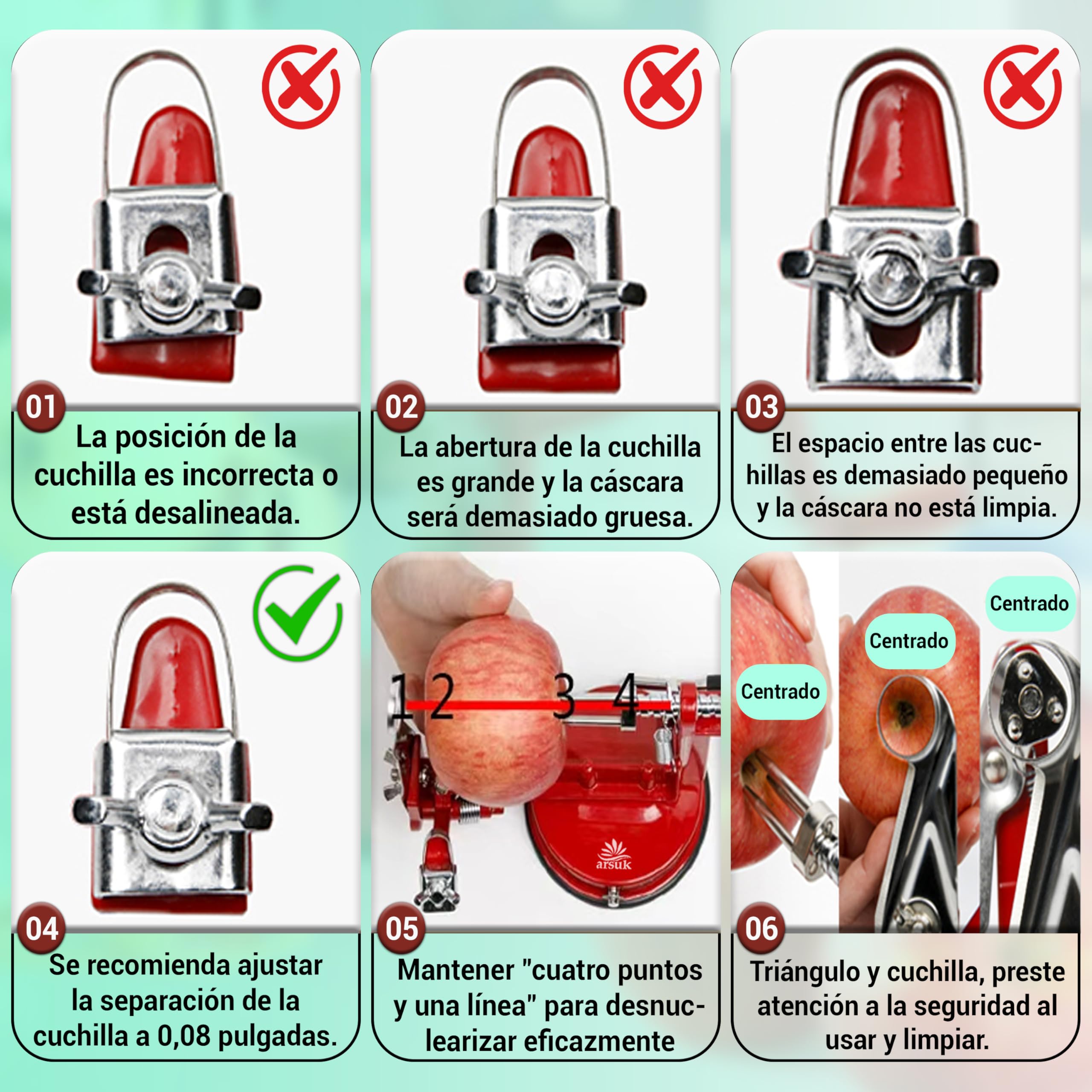 ARSUK 3 en 1 Pelador de Manzanas Manual con Cuchillas de Repuesto, Acero Inoxidable Ajustable
