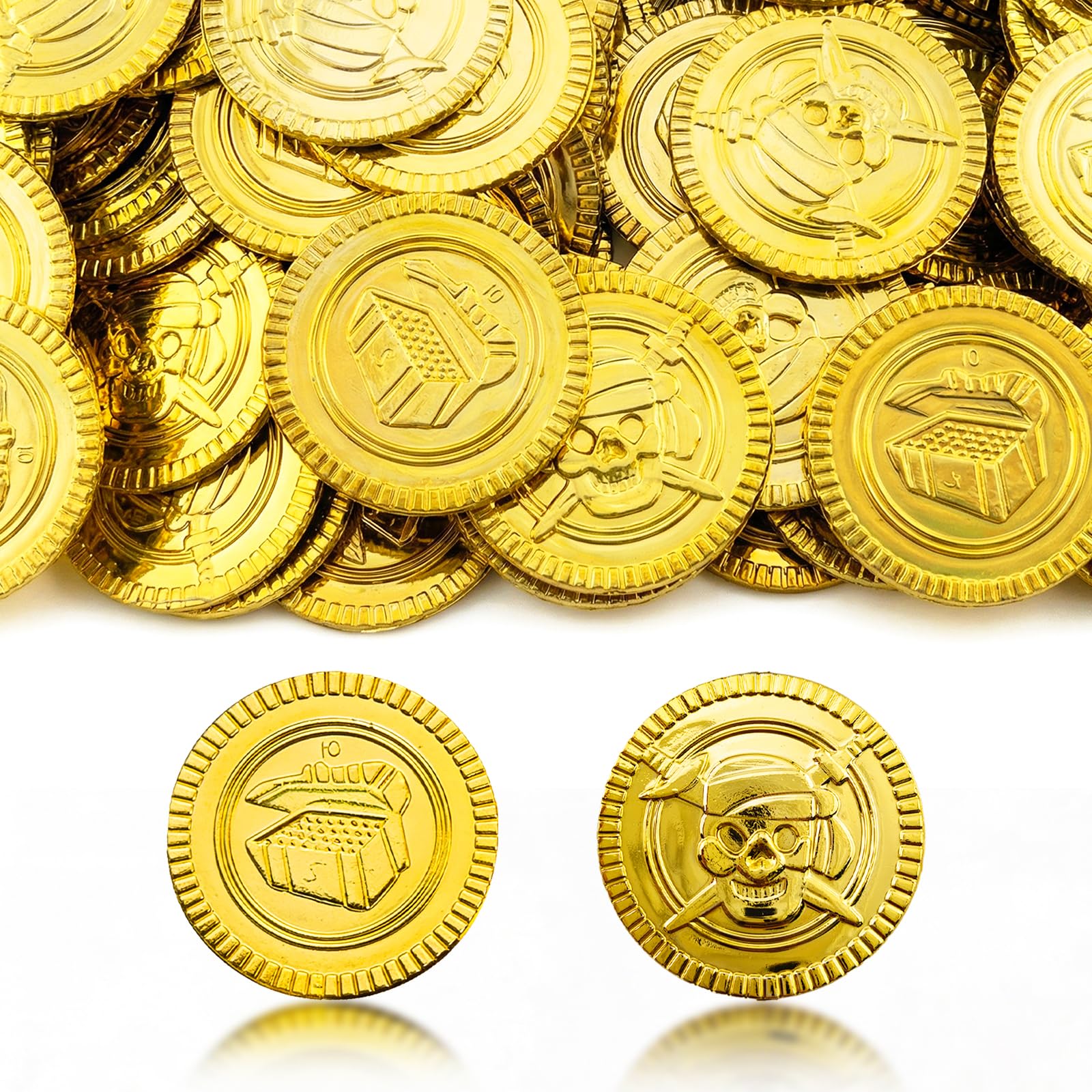 100 Piezas Piratas Monedas Juguete plástico Set | con Caja Transparente | Búsqueda del Tesoro Monedas de Oro, | Ideal para Decorar Fiestas de cumpleaños, sorteos de la Suerte, etc.