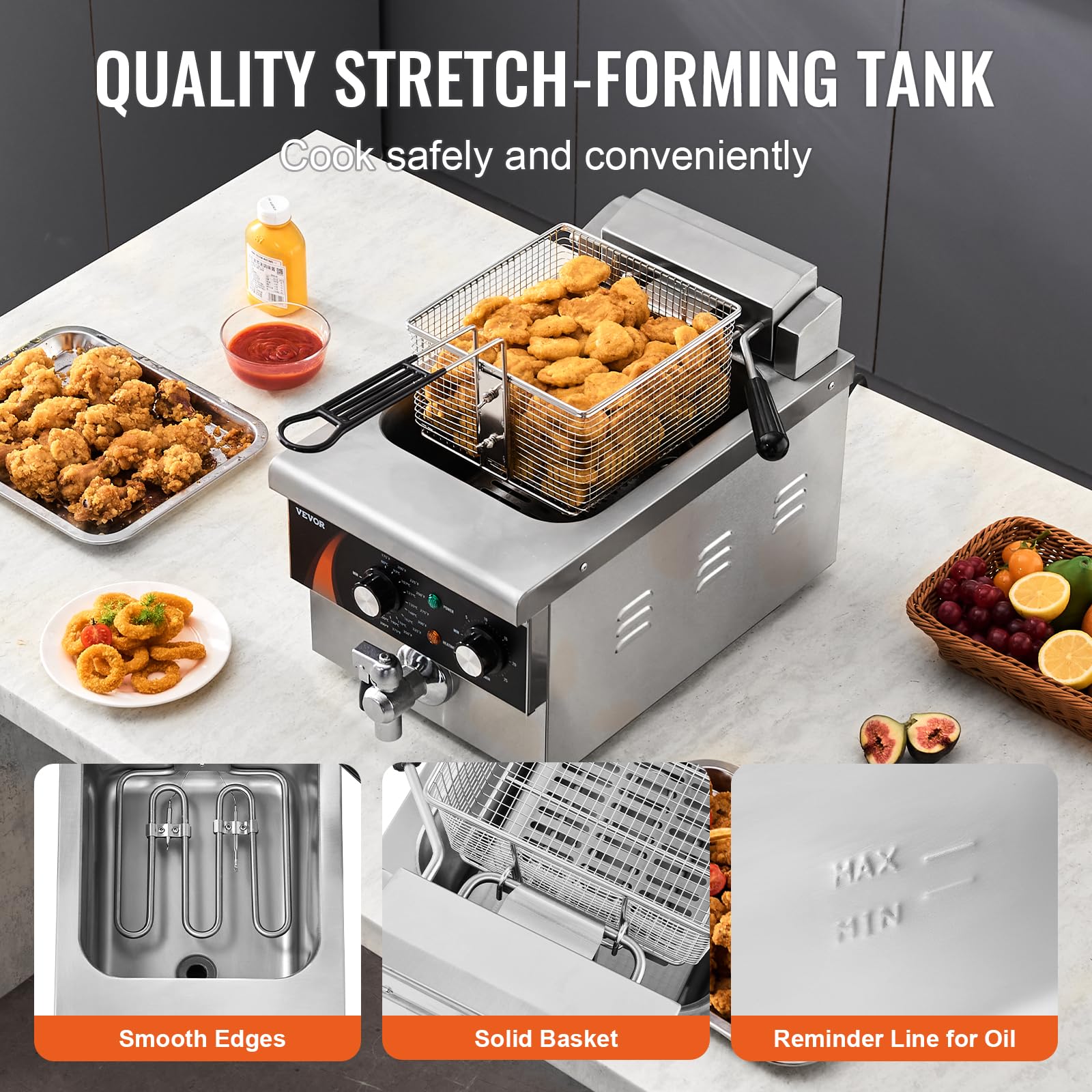 VEVOR Friggitrice Professionale Elettrica da Piano 3000W con Cestello, Friggitrice a Olio Singolo 8,5 L, Acciaio Inox Addensato da 1 mm, Controllo Tempo Temperatura, Uso Cucina Ristorante, Argento
