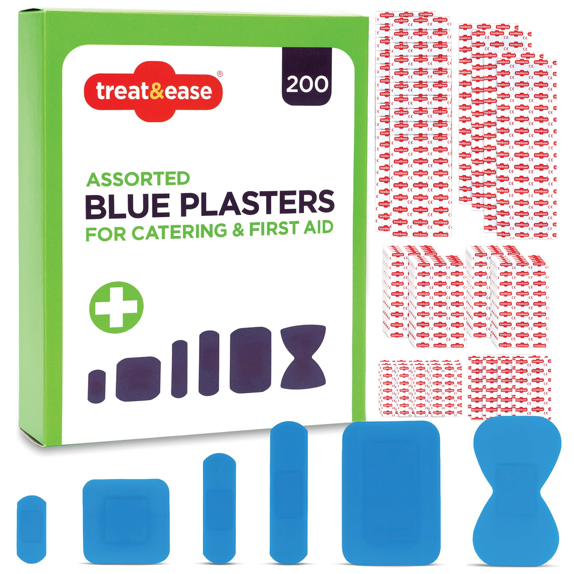 SOL 200pk Blue Plasters for Catering & First Aid - Waterproof, Kitchens, Food Prep. Small and Assorted Sizes, Strong & Washproof. Quick Coverage of Cuts & Grazes on Fingers, Hands & Arms.
