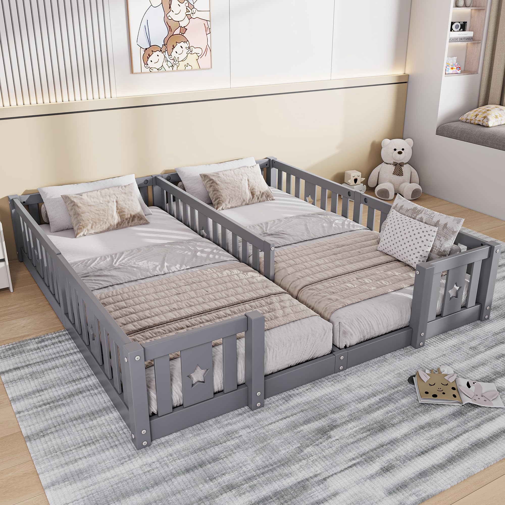 Letto a Terra 90x200 cm, Letto per Bambini a Terra con Barriera, Letto Montessori, Legno Massiccio, Letti Doppi, per Camera di Ragazzi e Ragazze, senza Materasso (Grigio A, 188 * 206 * 40)