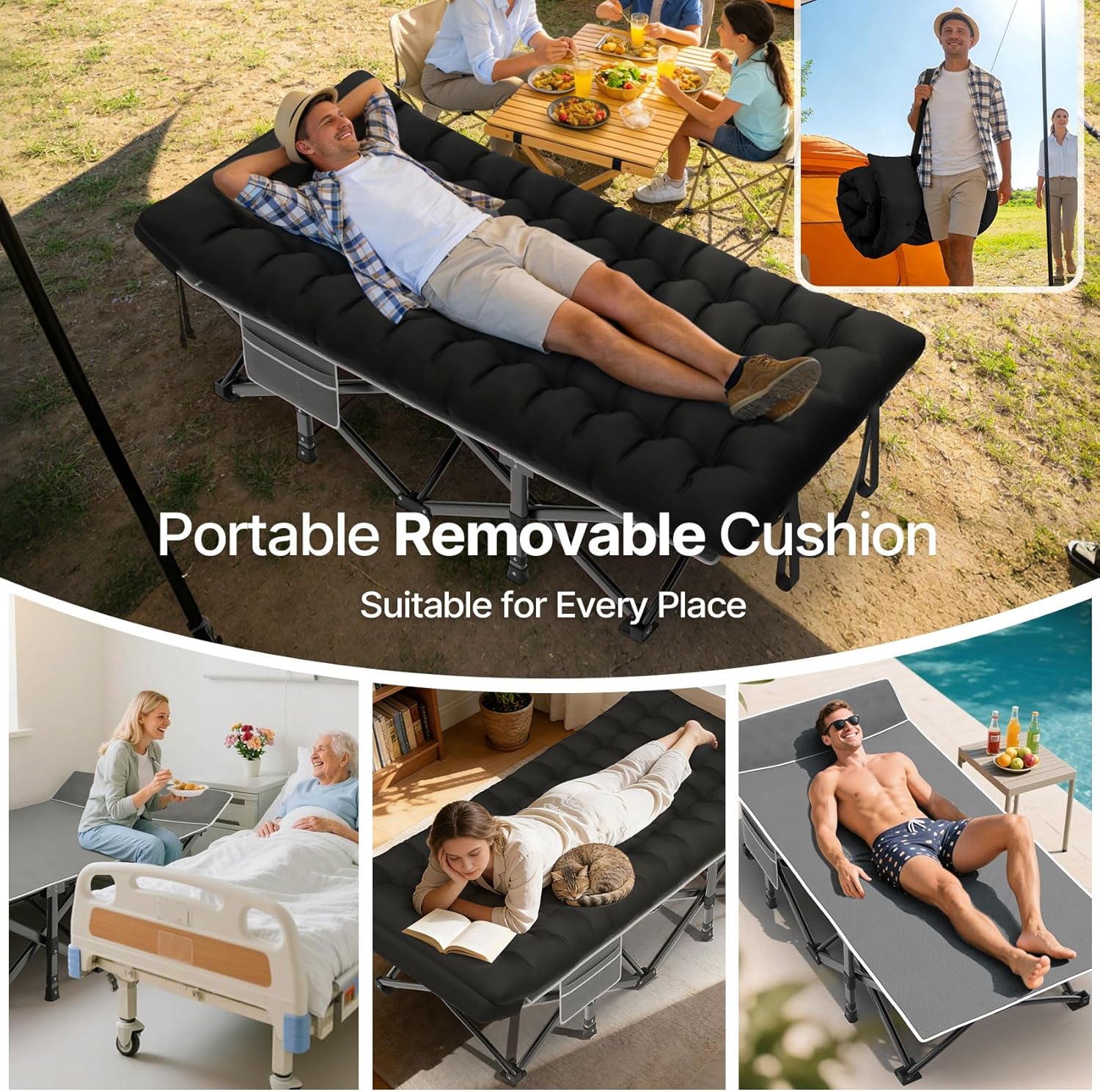 Suteck 32In XXL Folding Camping Cot, 900LBS Heavy Duty Sleeping Cot with Pillow Mattress, 1200D Double-Layer Oxford Portable Cot for Adults with Carry Bag for Home Office Nap Beach Travel