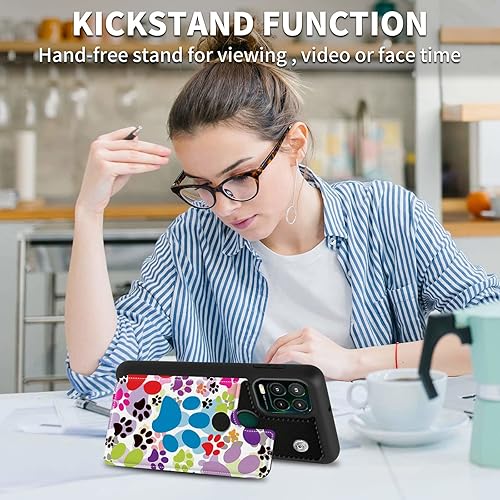 Miniatura 5 de FUYOCWE Funda para Motorola Moto G Stylus 5G 2021 con tarjetero, diseño de huellas de perro multicolor, piel sintética, función atril, ranura para