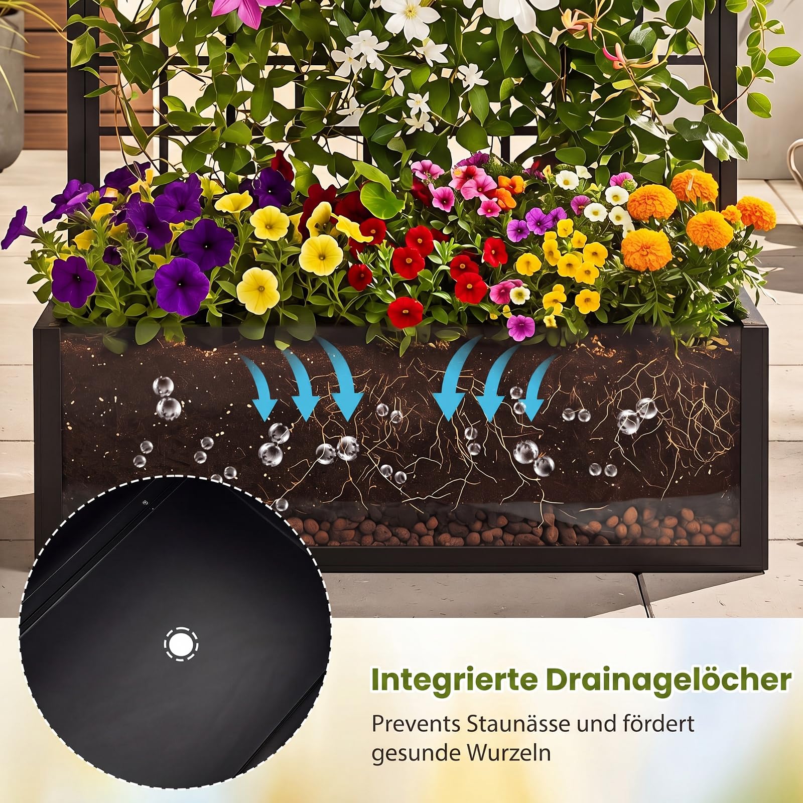 COSTWAY Blumenkasten mit Rankgitter, Pflanzkasten aus verzinktem Metall | Pflanzkübel Sichtschutz, Hochbeet mit Spalier & Abflusslöchern, Rankhilfe für Kletterpflanzen Garten Terrasse, 180,5 cm hoch