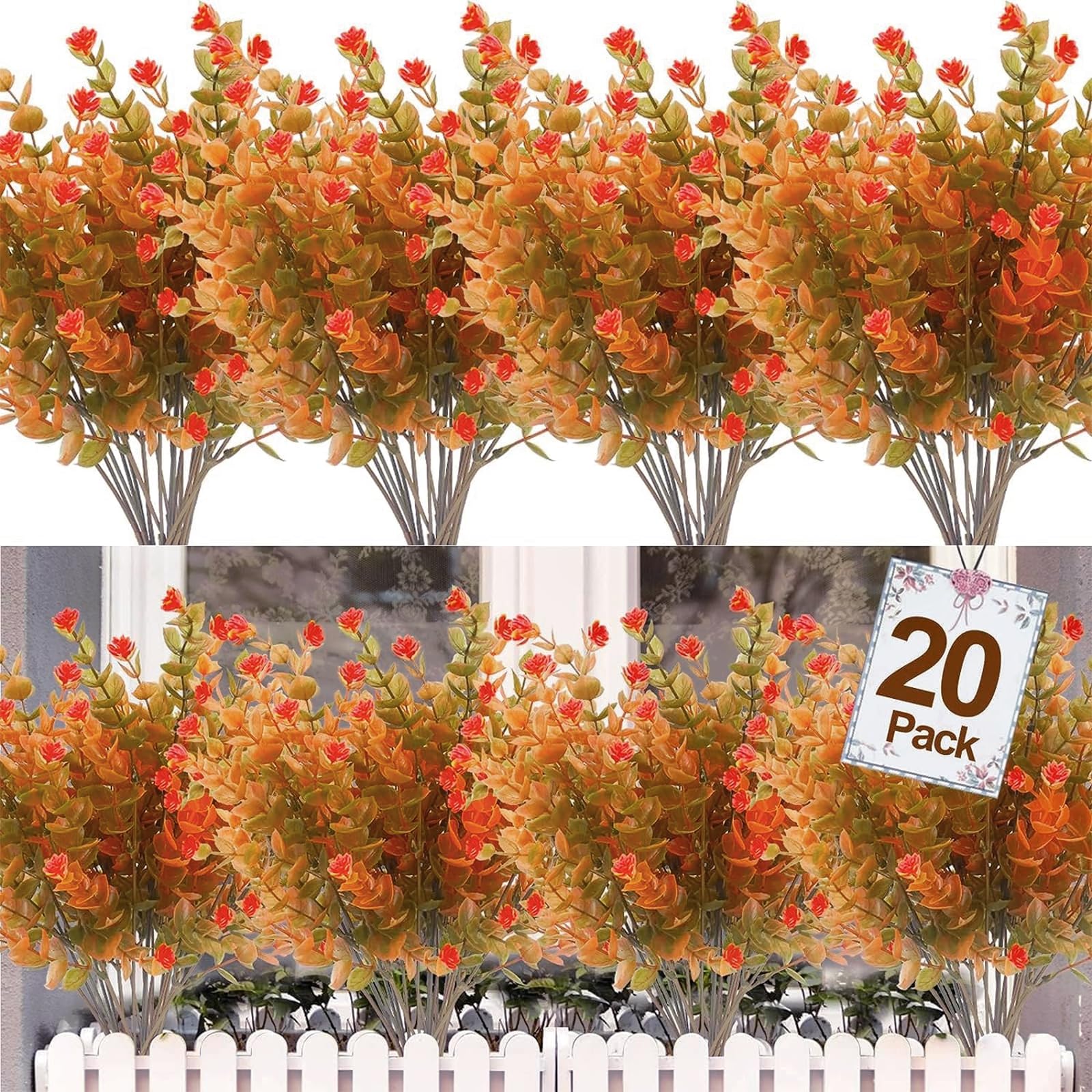 TURNMEON 20 Bundles Outdoor Artificial Fall Flowers Plants Fall Decorations - UV Resistant Plastic Flowers for Outside Faux Plants for Home Garden Autumn Thanksgiving Fall Decor(Fall Orange Flowers)
