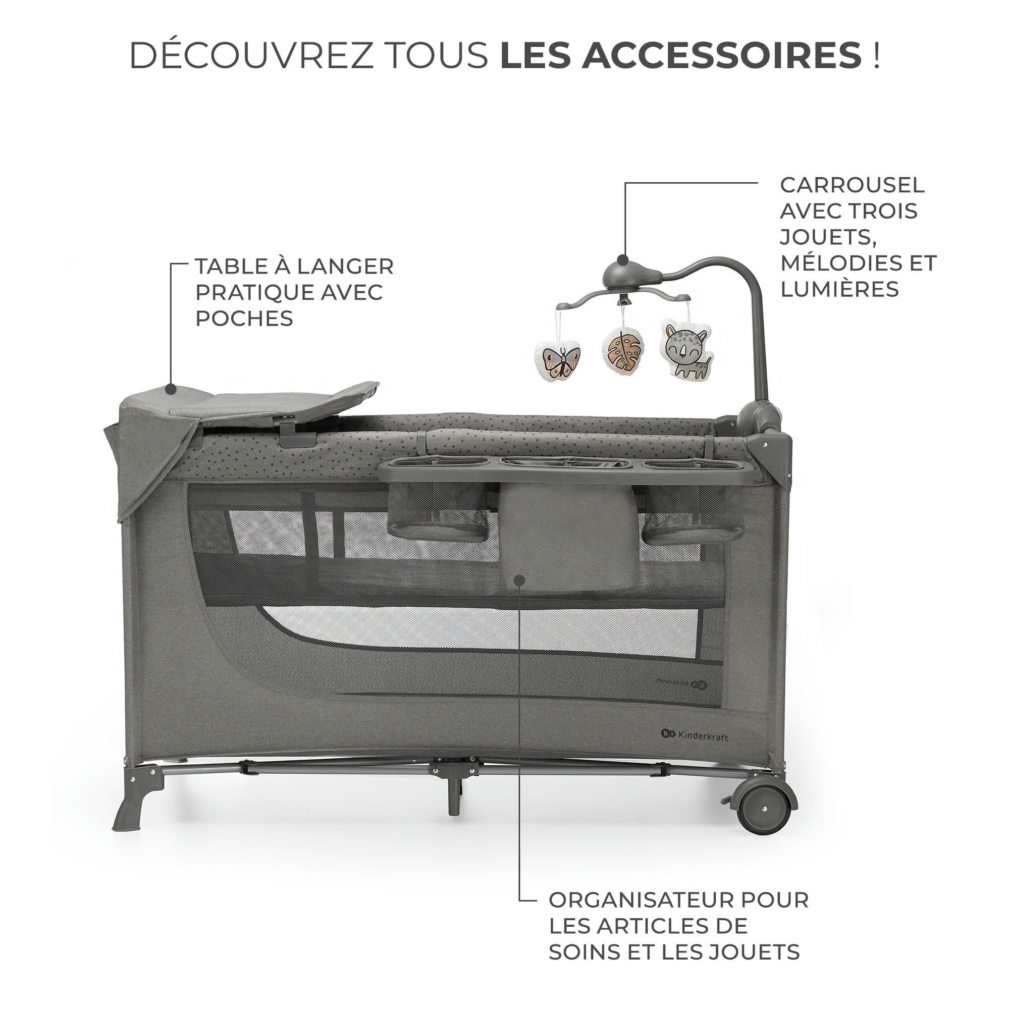 Kinderkraft Joy 2 ACC Lit Parapluie 2 en 1, Lit bébé de la Naissance Jusqu’à 15 kg, 120 x 60 cm, Facile à Plier, Carrousel avec Jouets, Étagères pour Les Couches, Sac de Transport Inclus, Gris