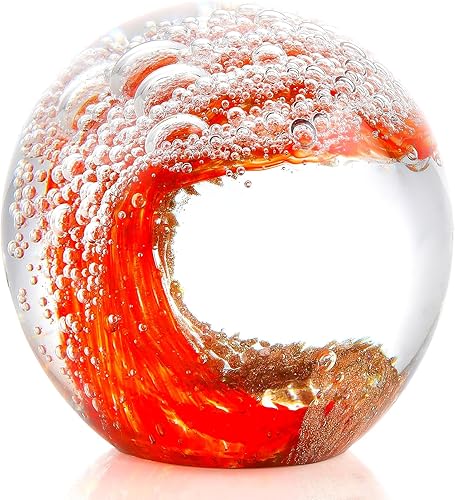 Figuras de vidrio soplado a mano, bola de vidrio con pisapapeles para amantes del océano, color rojo con luz dorada y bola de burbujas blanca,