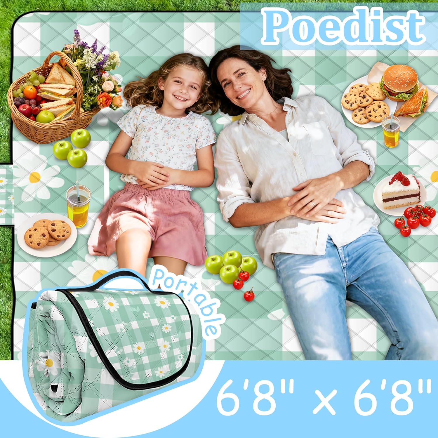 Extra Large Picnic Blanket Waterproof,80"x 80"Foldable Machine Washable Beach Blanket,Outdoor Blanket for 6-8 Adults,Suitable for Indoor Crawling,Park Beach,Camping,Hiking,Family Travel(Light green)