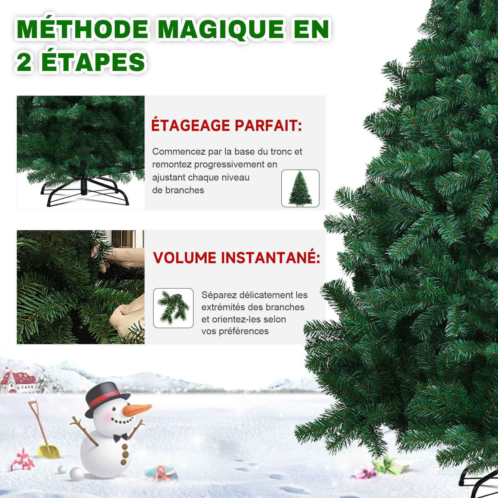 COMHOMA Sapin de Noël Artificiel Haut de Gamme 195cm avec Support - Système de Montage Rapide, Aspect Naturel et Épais - Inclut Cartes DIY et Rubans,Vert