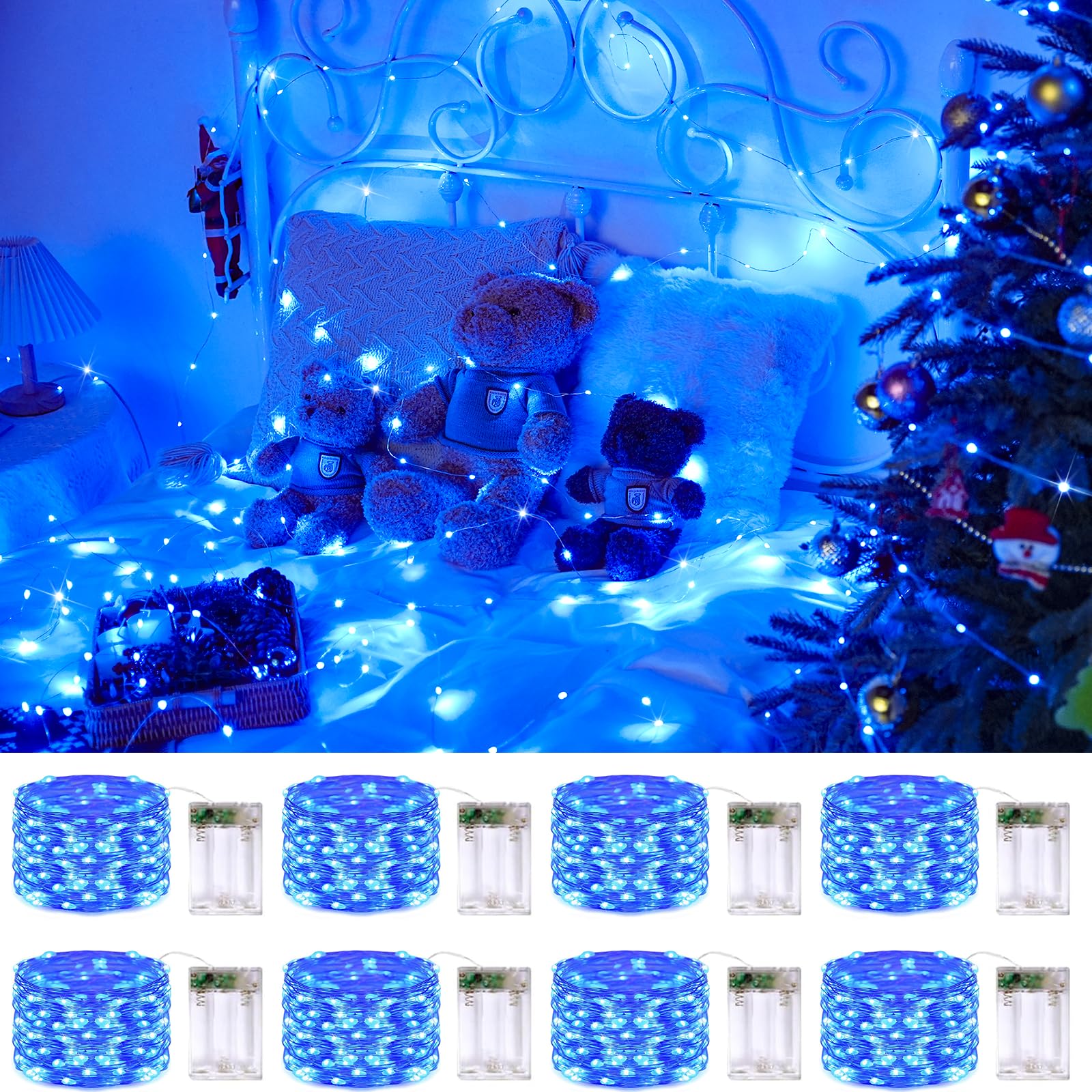 JMEXSUSS Paquete de 8 50 luces LED azules de hadas que funcionan con pilas, decoraciones de Halloween y Navidad
