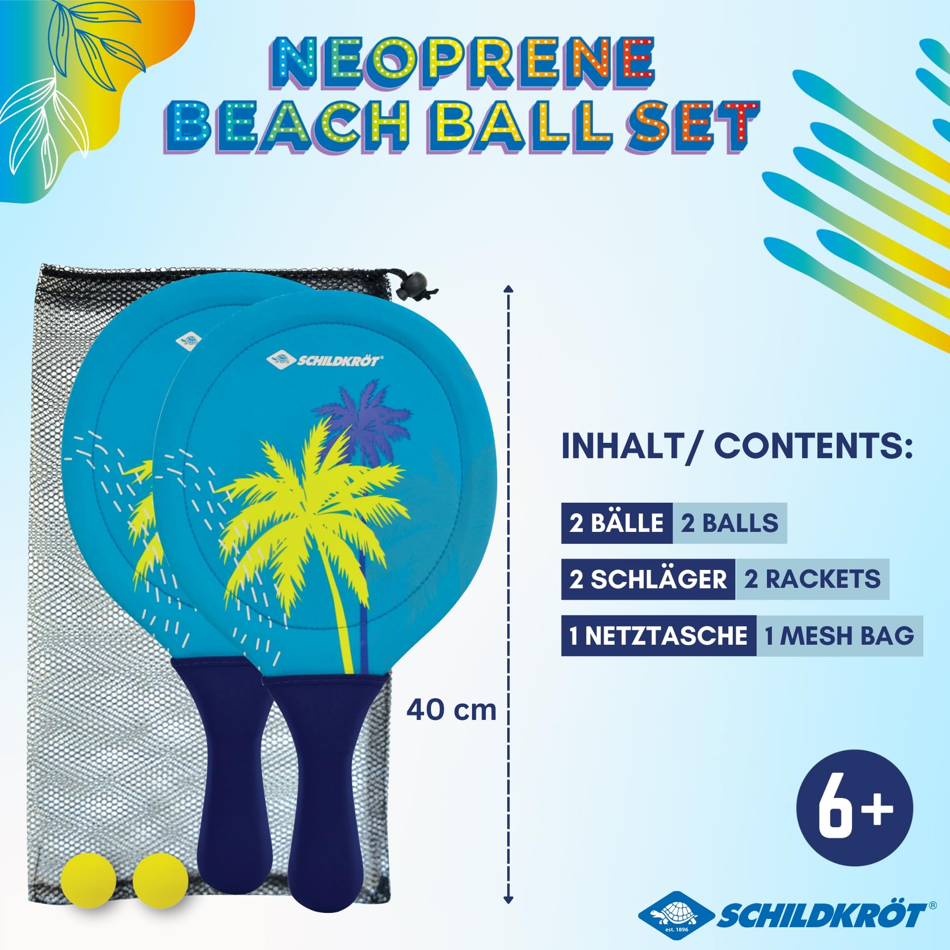 Schildkröt Zestaw neoprenowy Beachball, 2 rakiety, 2 piłki, w torbie siatkowej, wspaniały odbicie i bounce, gra na plaży i w ogrodzie dla całej rodziny, 970158, wielokolorowy