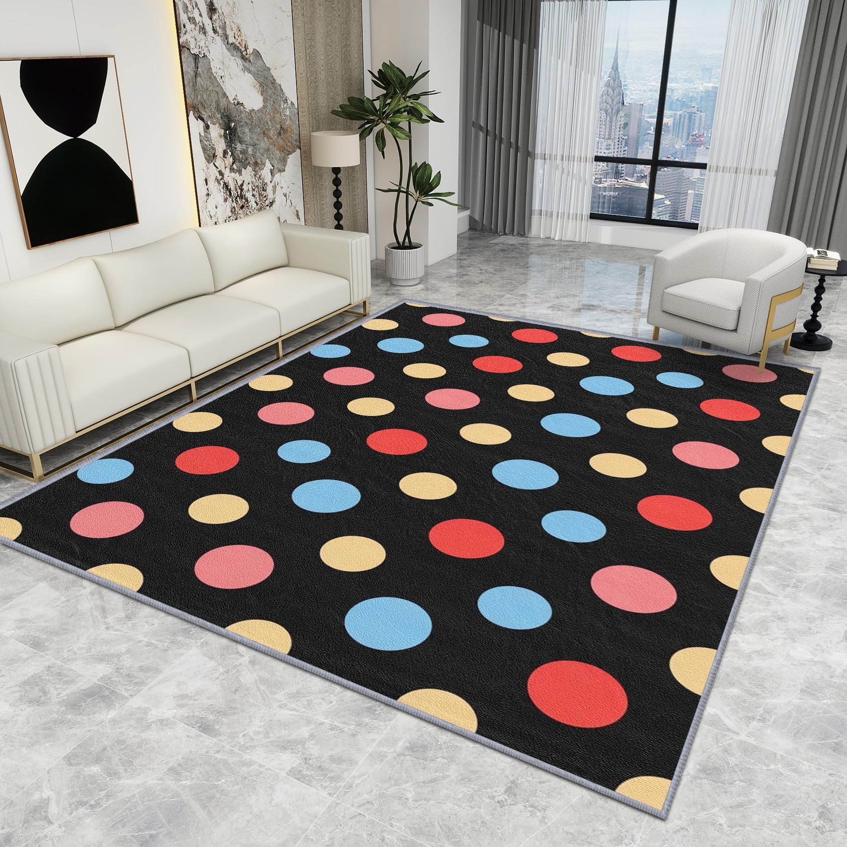 Kids Polka Dot Rug - Retro Colourful Geometric Minimalist, Washable Non Slip Large Area Carpet, 100 X 100 cm
