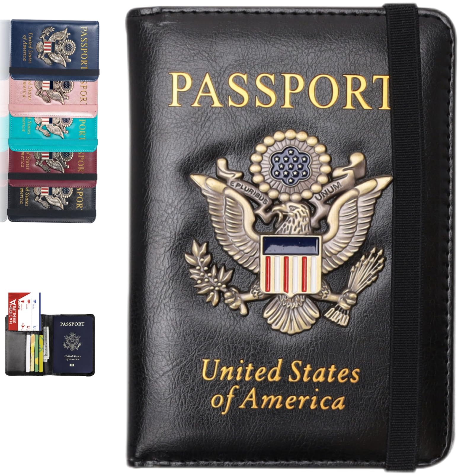 Funda para pasaporte, cartera de viaje con bloqueo RFID, carteras para pasaporte, organización de pasaporte familiar, funda personalizada para hombres y mujeres, imprescindible de viaje, Negro -,