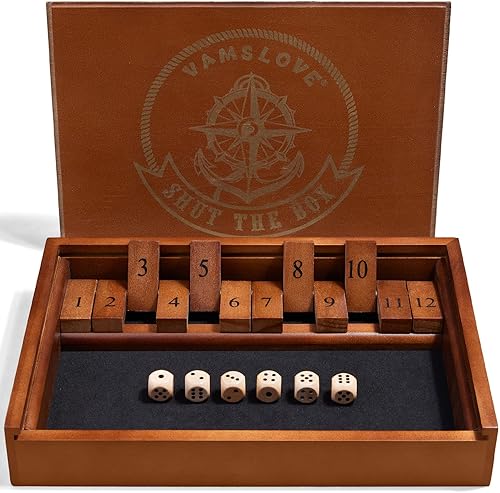 VAMSLOVE Shut The Box - Juego de dados de madera para 2 jugadores en adelante, 12 números cierran la caja con 6 dados para niños, adultos y familia