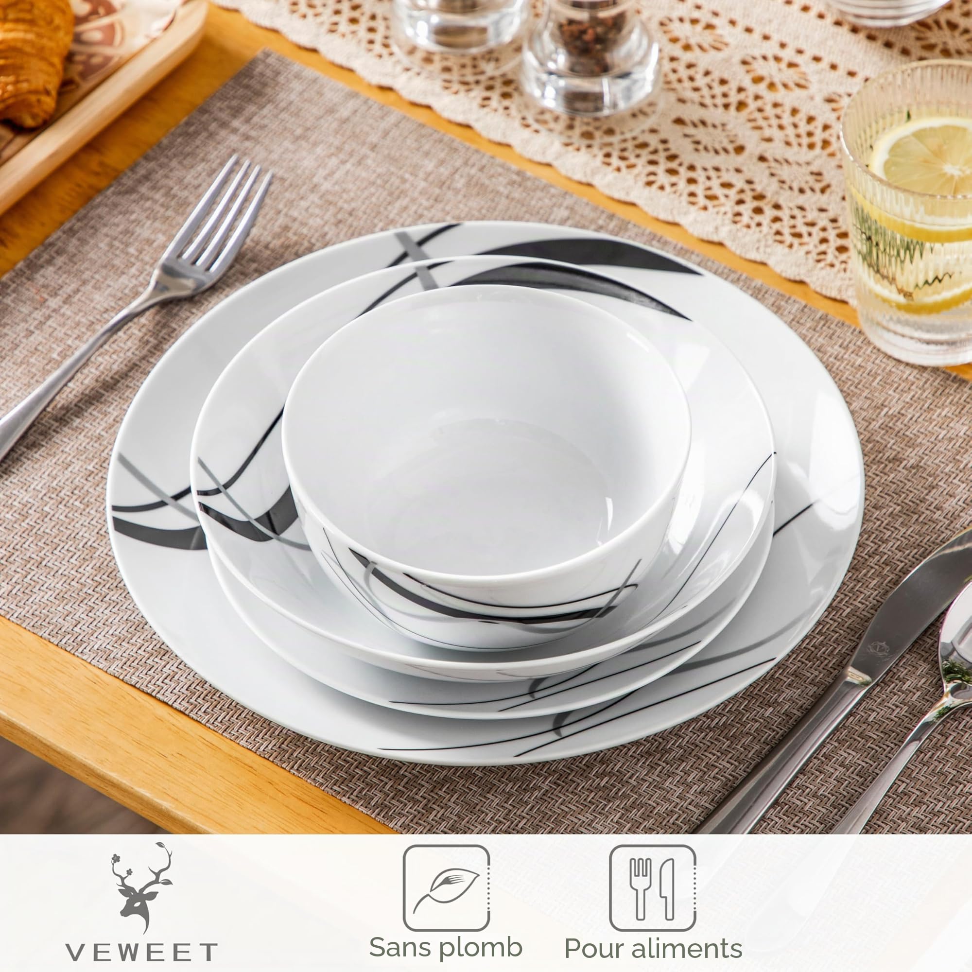VEWEET, Série FIONA, Service de Table en Porcelaine Rond 24 Pièces pour 6 Personnes, Service de Vaisselle avec 6 Assiettes Plates, 6 Assiettes à Desserts, 6 Bols à Céréales et 6 Bols à Pâtes