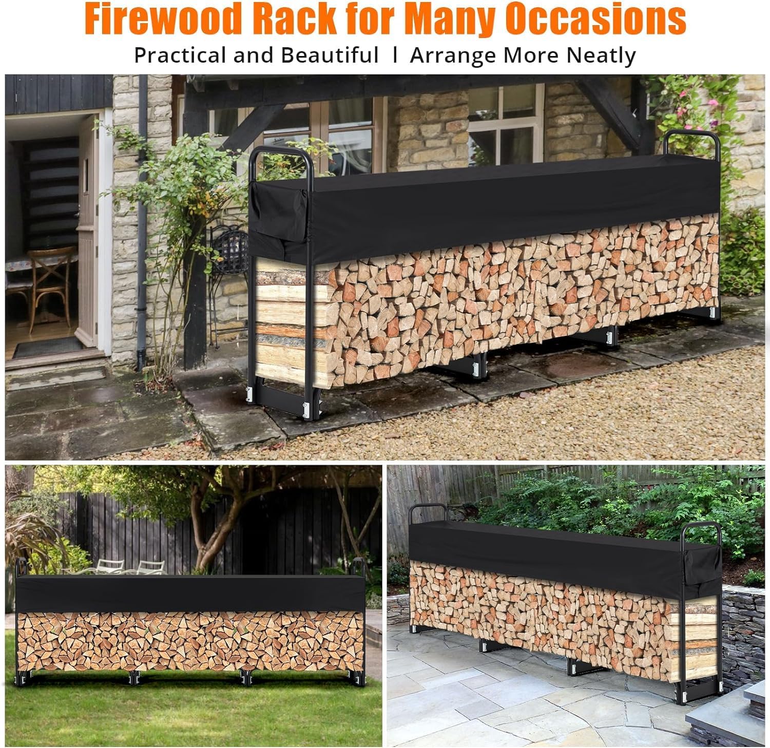 12 Ft Firewood Rack Outdoor, Firewood Rack With Anti-Rust Coating and Waterproof Cover, Firewood Holder for Outdoor/Indoor, Firewood Storage Bracket Kit, Black