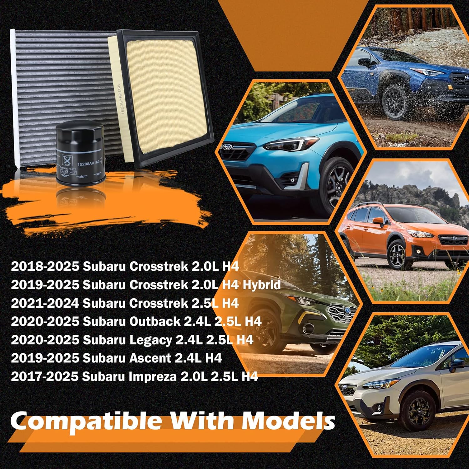 Kefly 16546AA16A Engine Air Filter & 15208AA21A Oil Filter & CF12157 Cabin Air Filter Fit for 2018-2025 Subaru Crosstrek, 2020-2025 Outback, 2020-2025 Legacy, 2019-2025 Ascent, 2017-2025 Impreza