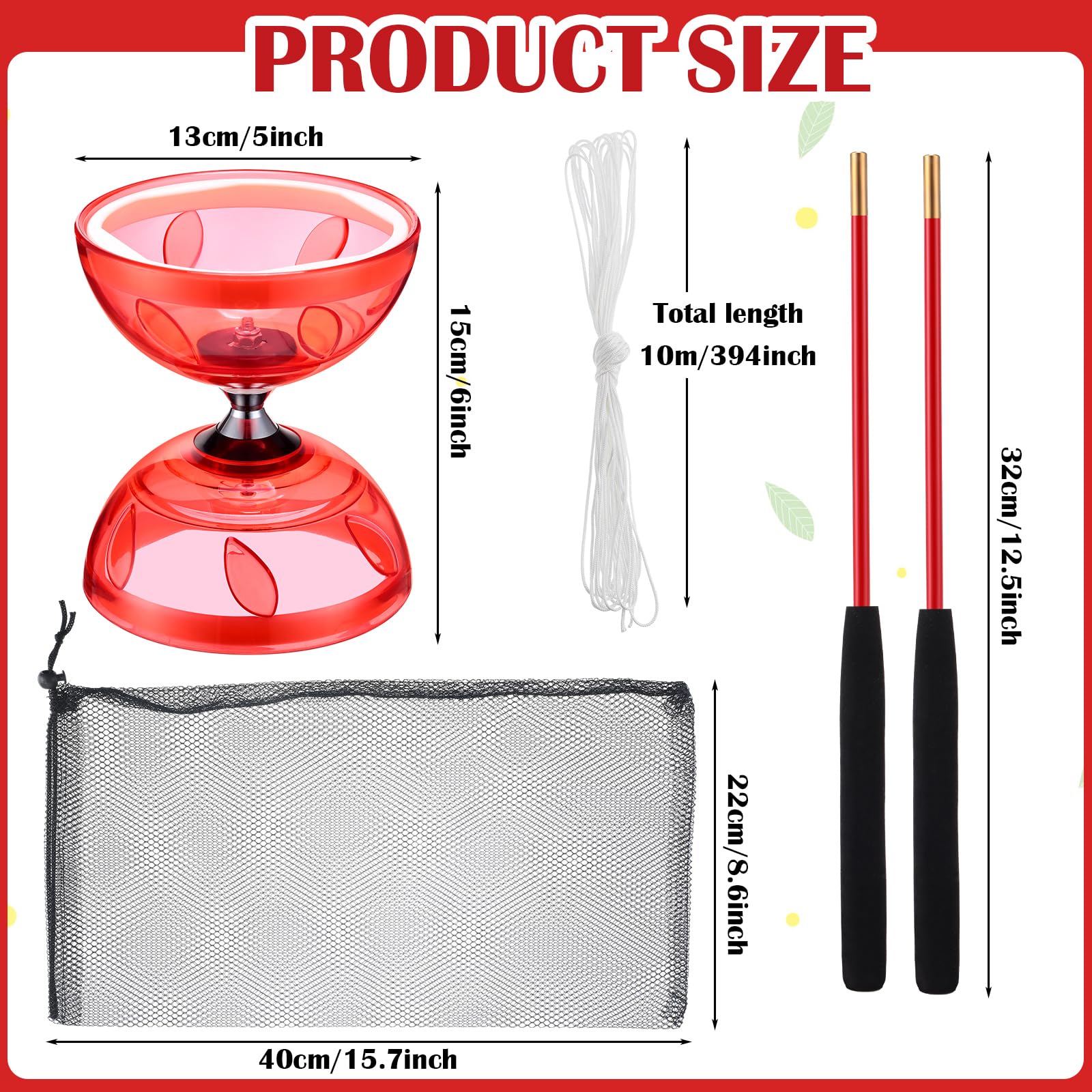 Simgoing Chinese Yoyo Diabolo Set Includes Colorful Chinese Yoyo with 2 Pieces Diabolo Sticks, 1 Piece String, 1 Net Bag for Fun(Red)