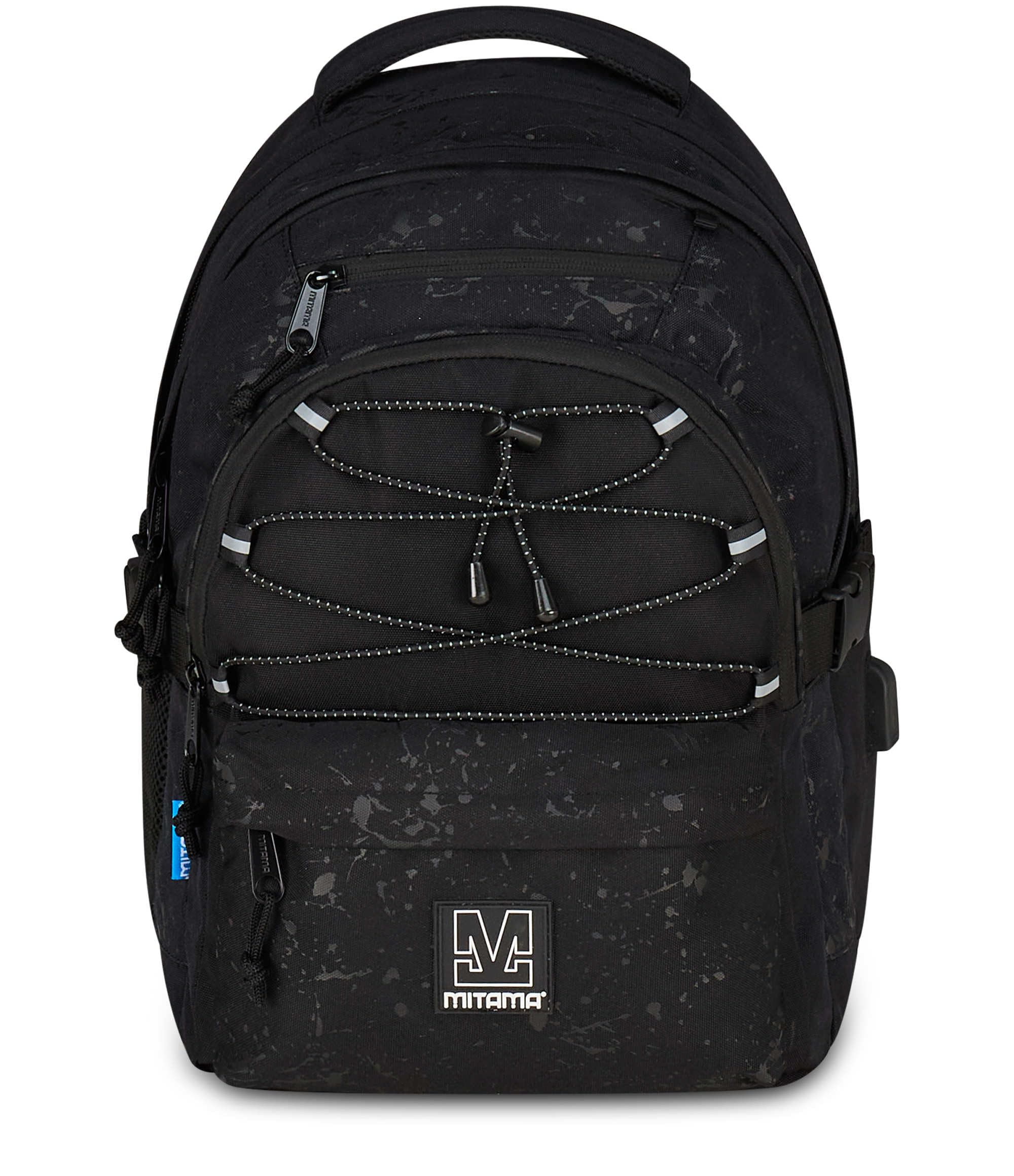 Mitama Zaino Scuola #BDBF BLACK SPLASH, Nero, Zaino Triplo Scomparto, Tasca Porta Borraccia, Porta USB Integrata, Larghezza Regolabile, Zaino Scuola Media e Superiore, Ragazza