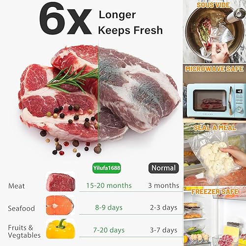 Vista 2 de Bolsas selladoras al vacío de 100 galones de 12 x 16 pulgadas para ahorro de alimentos, bolsas de congelador, bolsas de cocina al vacío, rollos