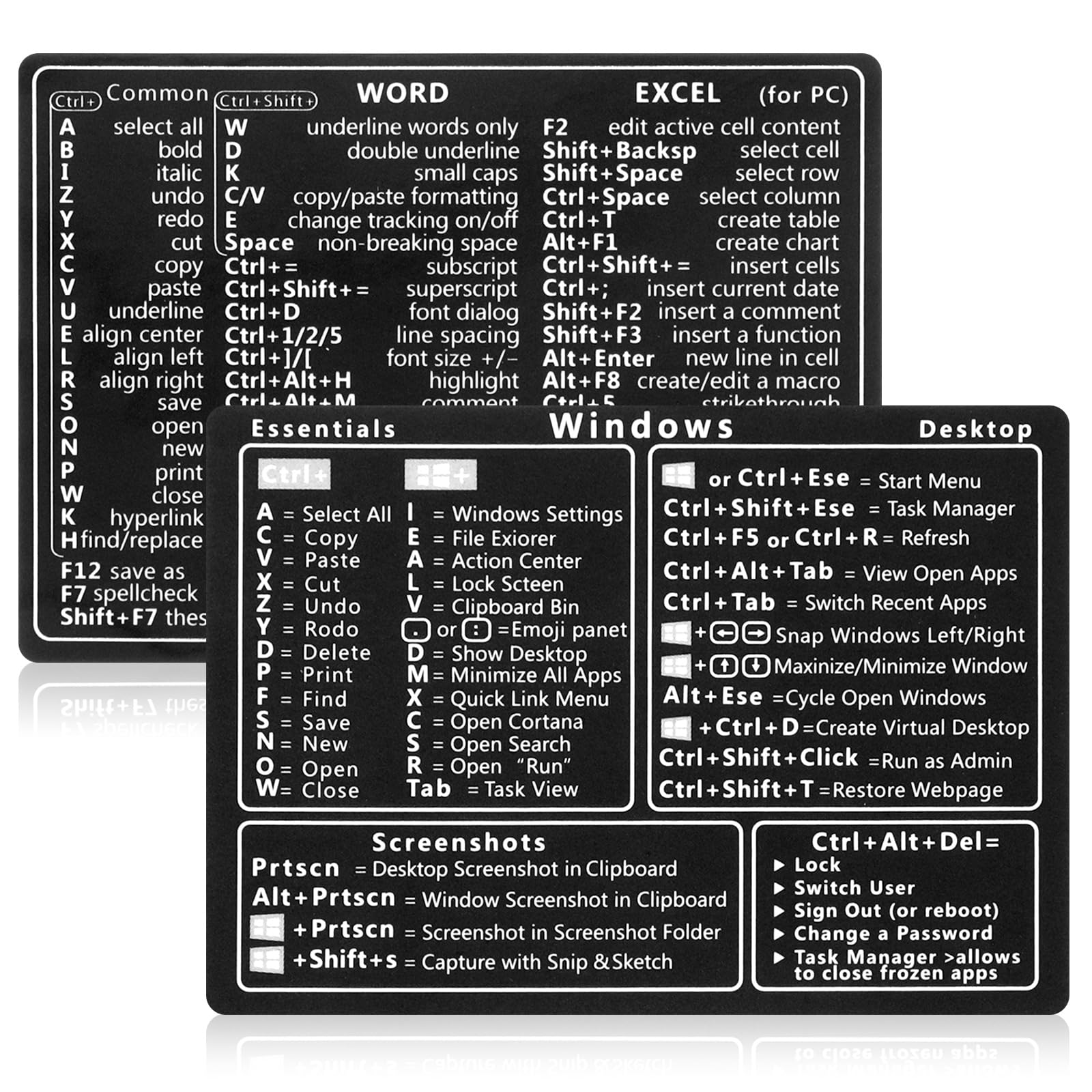 2 Pcs Laptop Shortcuts Stickers, Word/Excel Quick Reference Guide Keyboard Shortcut Stickers Notebook PVC Keyboard Shortcuts Lable Stickers for Any PC Laptop or Desktop(Black)
