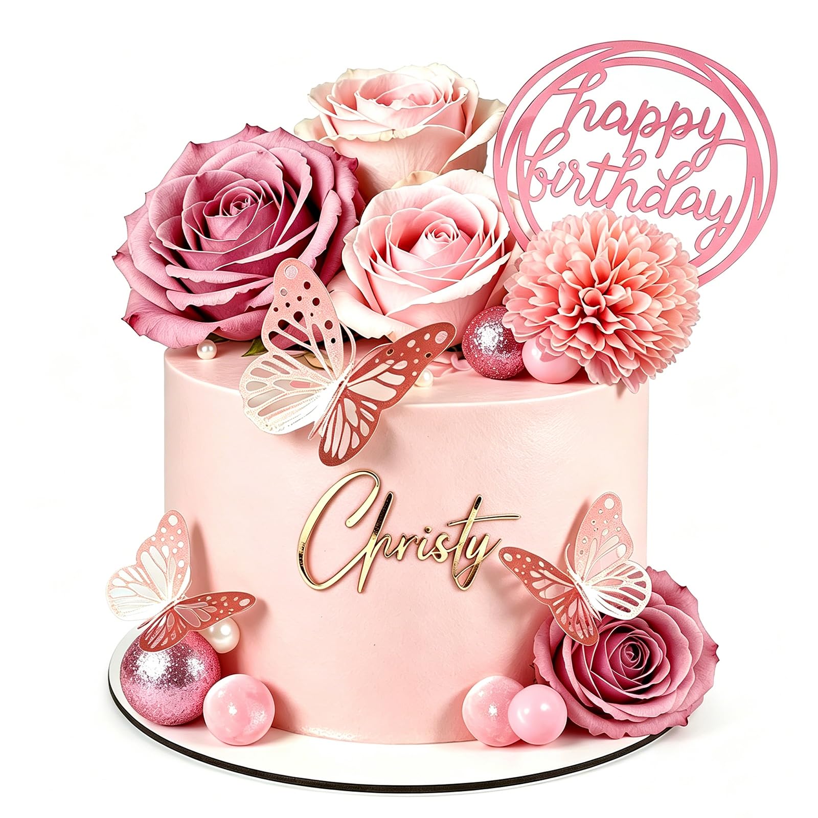 Flower Cake Topper 27 Pcs Rose Gold Floral Cake Decorations with Pink Balls for Women Birthday Wedding Valentine's Day Party Anniversary Holiday (Pink)