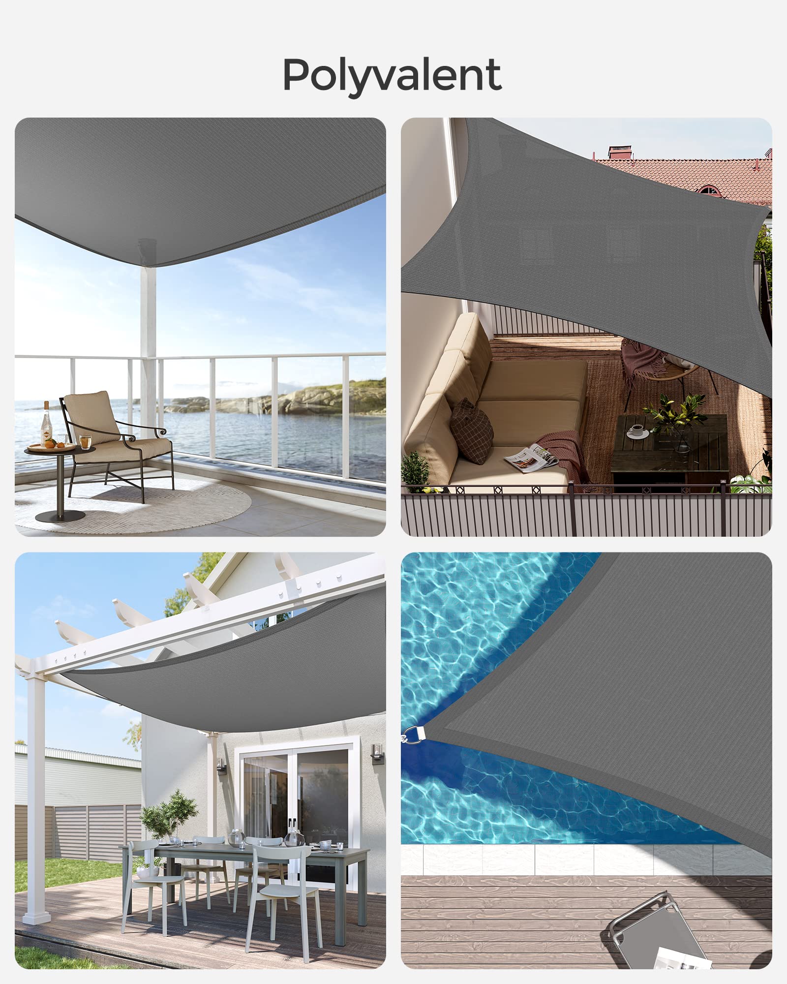 SONGMICS Voile d’Ombrage 4 x 4 m, Protection Solaire en Tissu HDPE, Respirant, Perméable à l’Eau, pour Terrasse, Jardin, Balcon, Camping, Carré, Concave, Cordes de 2 m, Gris Anthracite GSS44GY