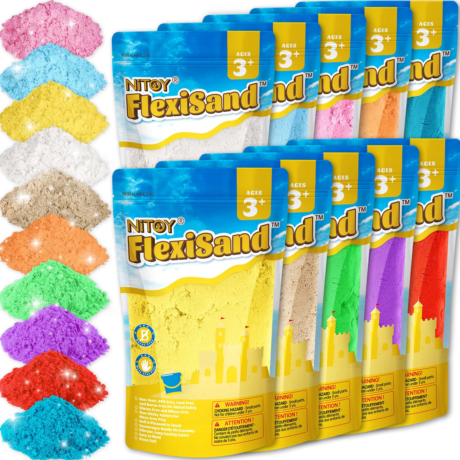 FlexiSand Value Pack 19lbs of 10 Colored Moldable Self-Sticking Sand, Never Dries Out-Fun for 3 Years and up Kids Bulk Refill for Sensory Sand Box Toys, Ideal for Shaping, Squeezing and Molding