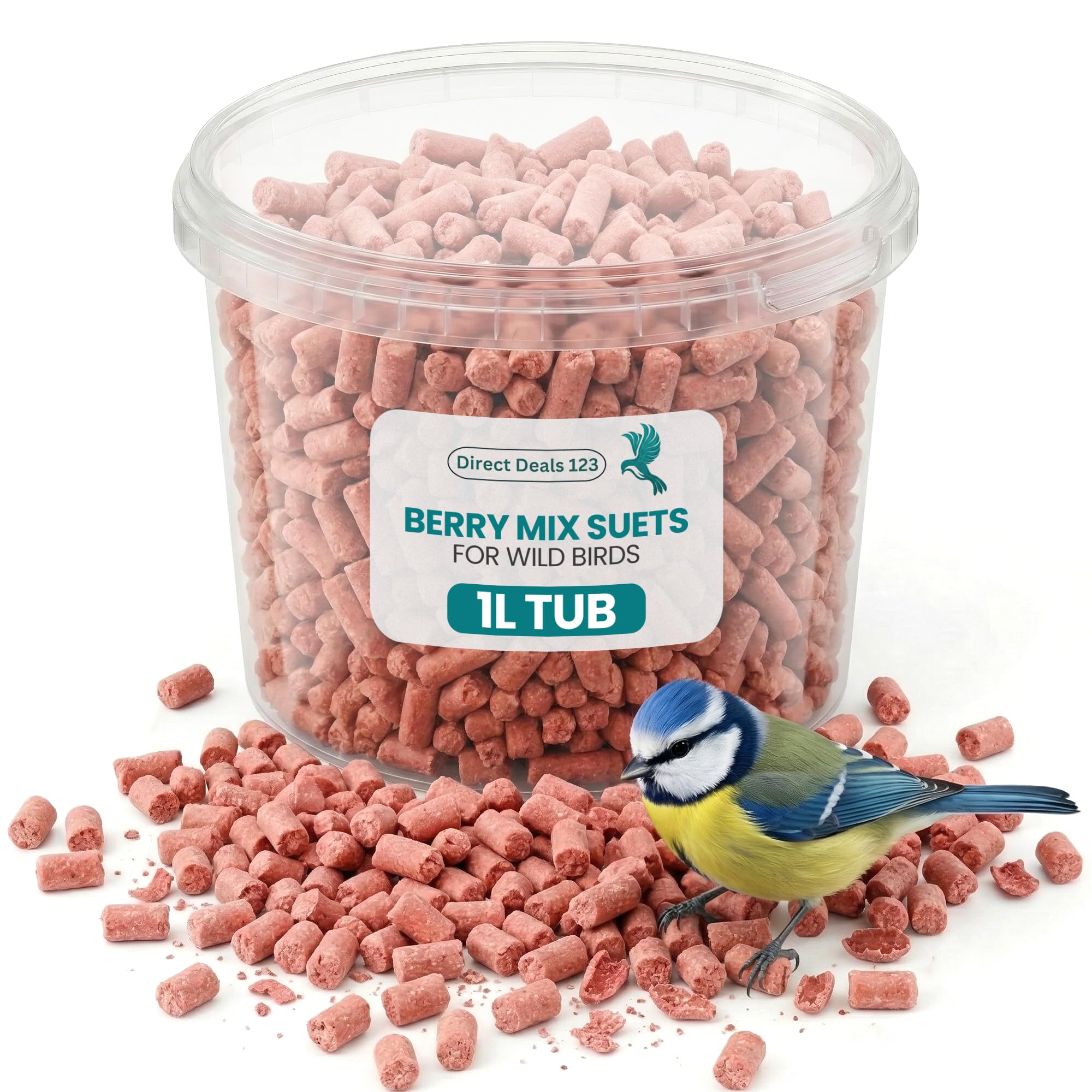 (1L Tub) Wild Bird Food Berry Mix Suet Pellets Premium Natural Feed for Robins Sparrows Garden Wildlife High Oil Energy Treat No Mess Suet Balls for Birds Year Round Nutrition Pack