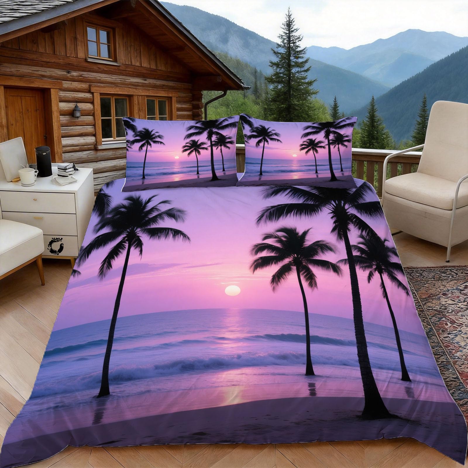 Housse de couette 240x260 coucher de soleil avec 2 taies d'oreiller pour lit 2 personnes