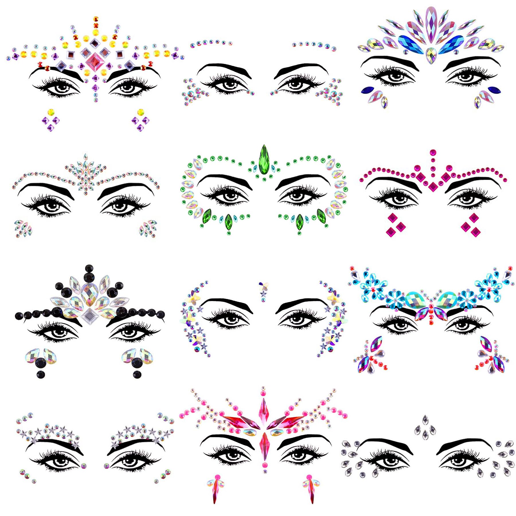 TGANNYOCR 12 Sets Face Jewels Rhinestones Stick on Self Adhesive Face Gems Mermaid Body Jewel Crystal Stickers for Rave Festival Carnival Party