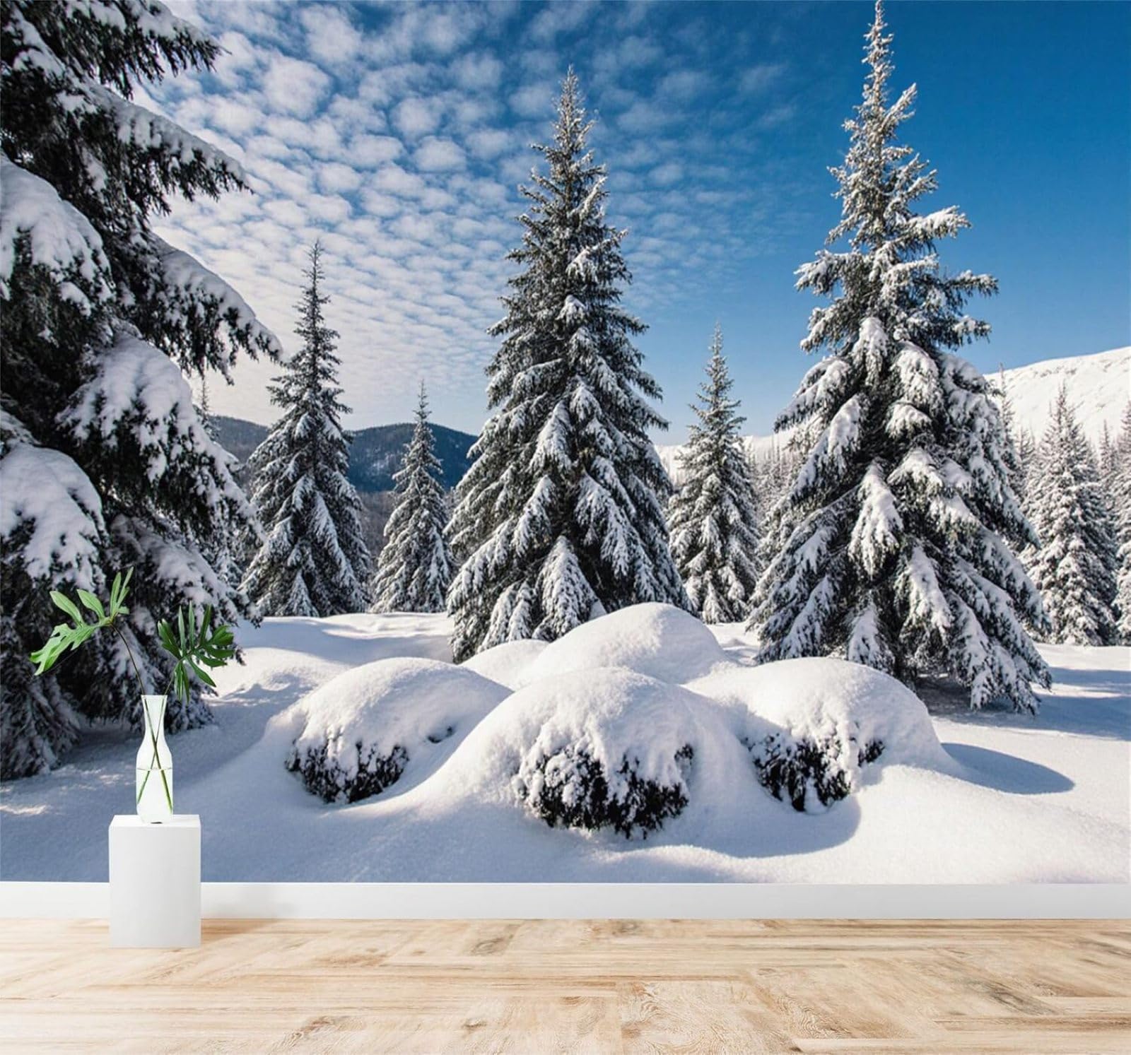XLMING Beautiful Pine Forest Mountains Blue Sky Snowy Landscape 3D Wallpaper Silky Texture Home Study Office Grey Dining Room Sofa Bedroom Living Room TV Backdrop-400cm×280cm