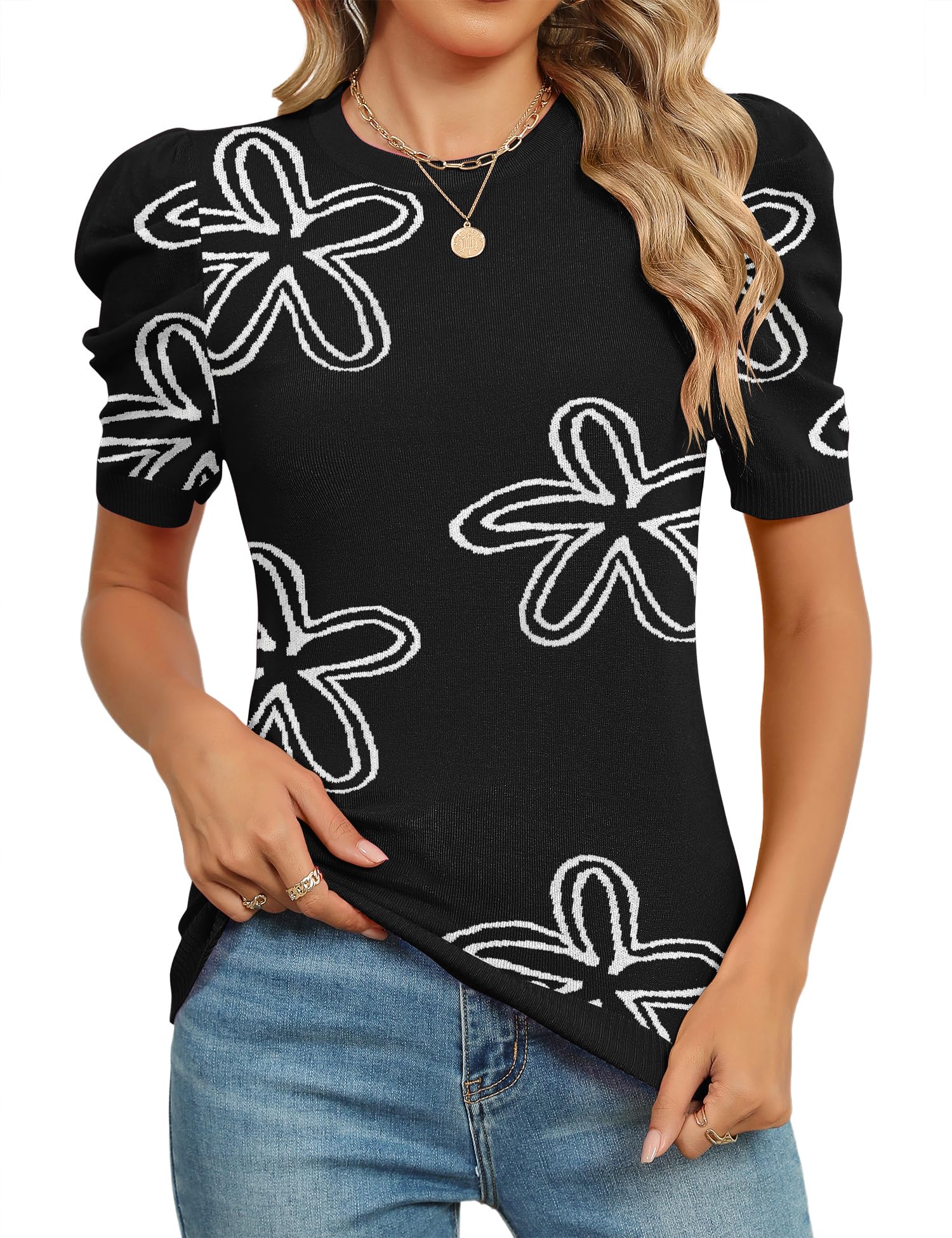 AKEWEI Puff Short Sleeve Sweater for Women Tops Trendy Spring Summer 2025 Business Casual Outfits Knit Crewneck Shirt Blouses