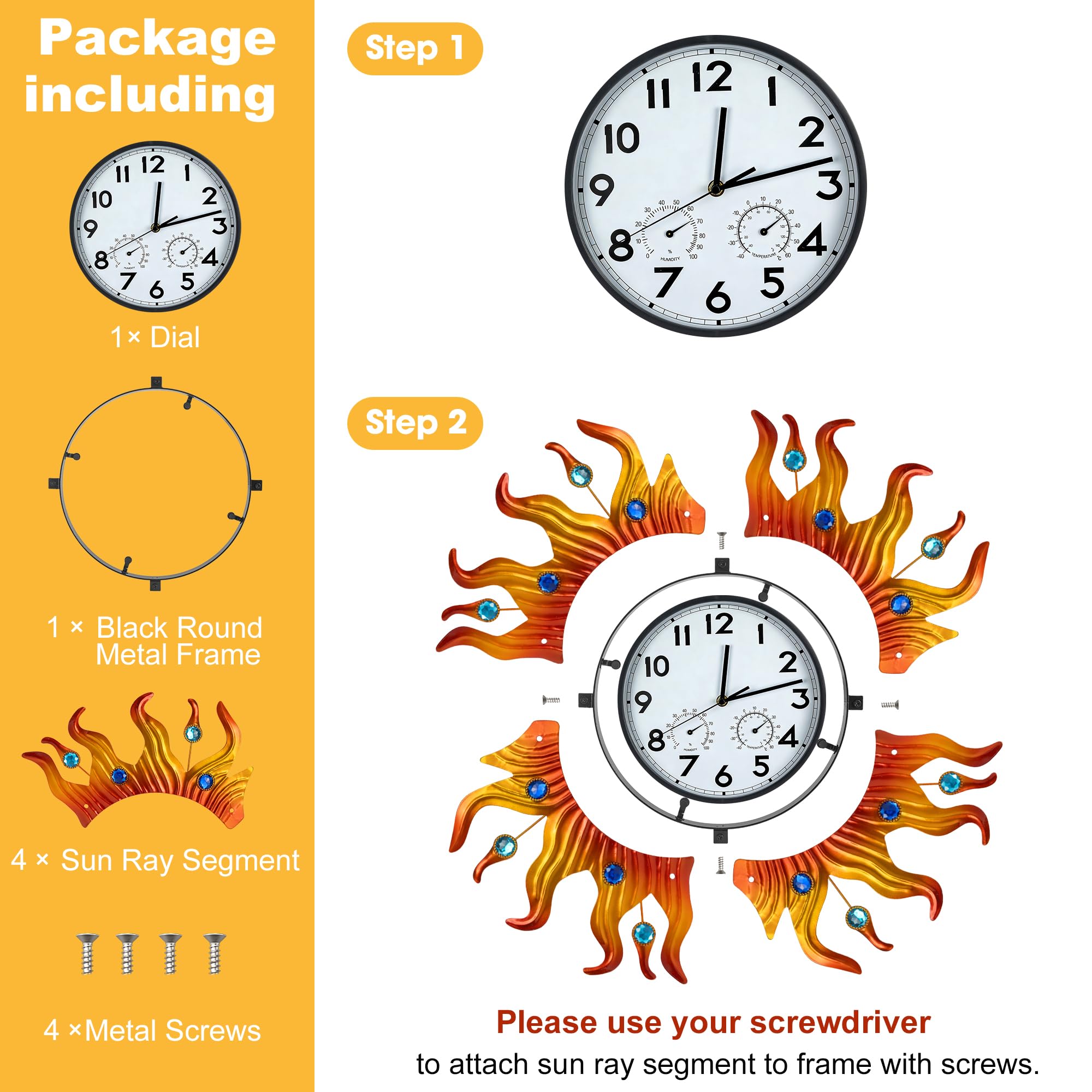 shumi Grande horloge murale d'extérieur avec thermomètre et hygromètre, horloge murale décorative silencieuse sans tic-tac pour terrasse, piscine et salle de bain