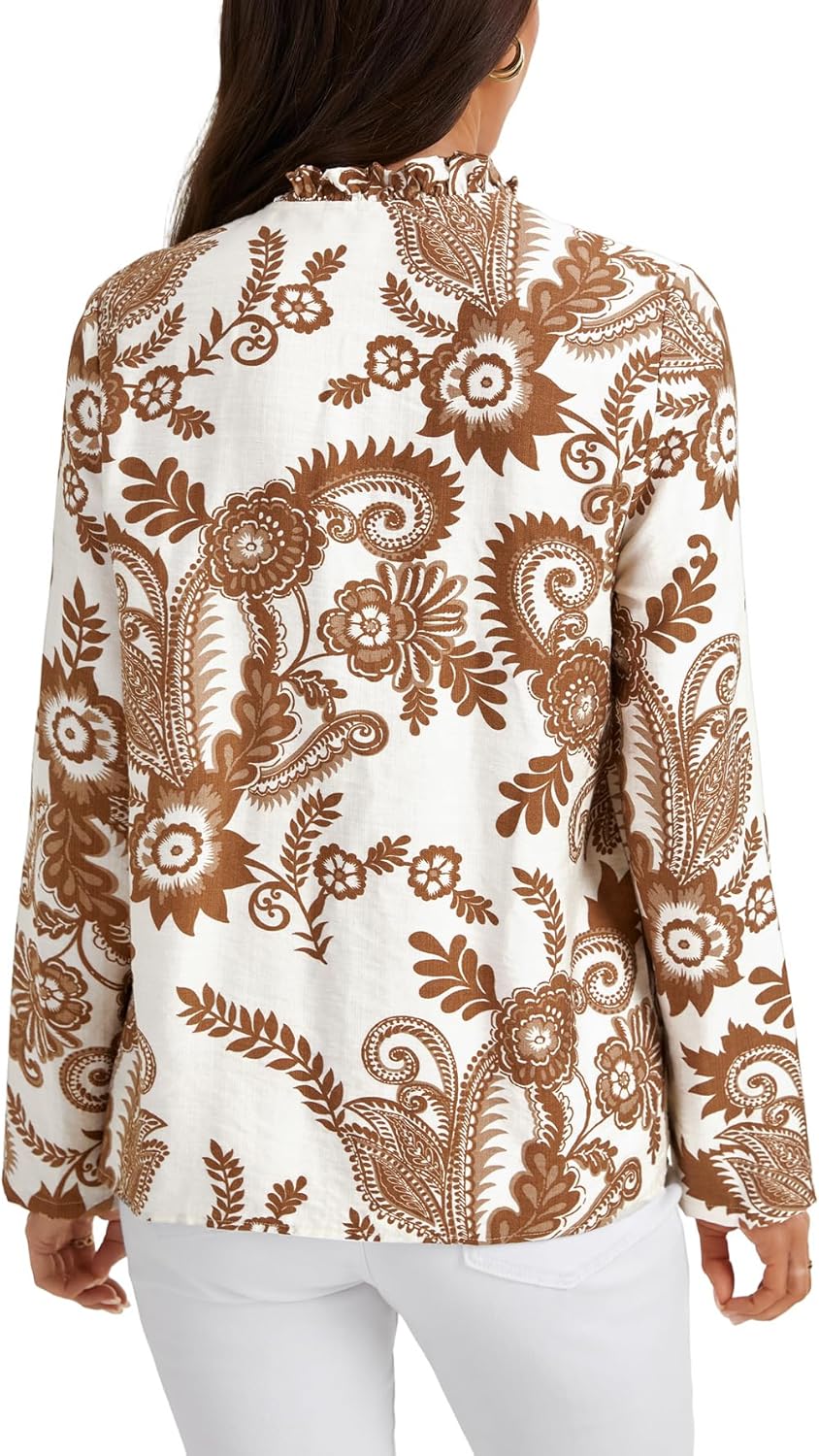 Rooscier Women's Bohemian Print Frill Notch V Neck Tie Knot Long Sleeve Ruched Blouse Tops - Image 5