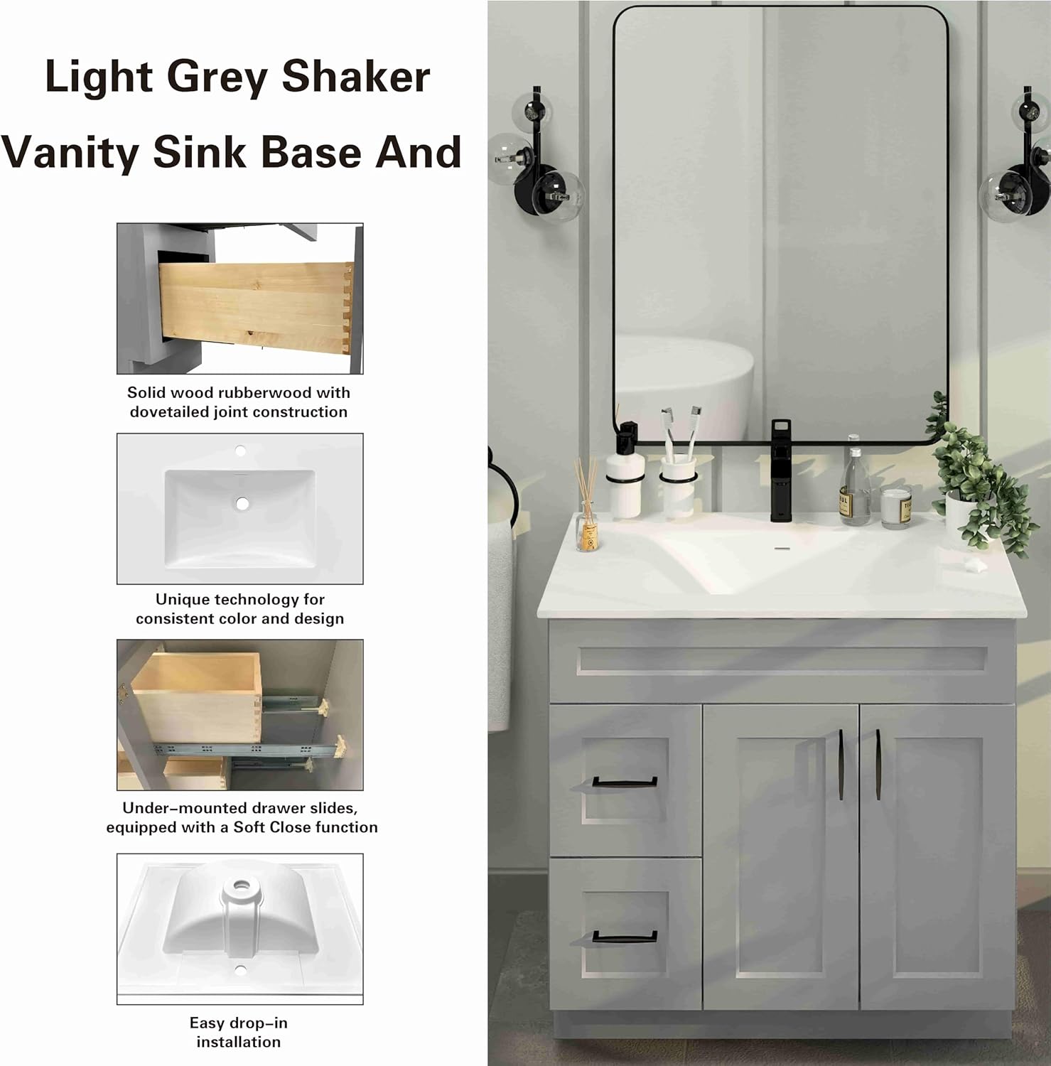 36" Light Grey Shaker Bathroom Vanity with Sink – Solid Surface One-Piece Top, Soft-Close Doors, Polyurethane Nano Resin Sink, Pre-Drilled Faucet Hole, Modern Bath Vanity Cabinet Set
