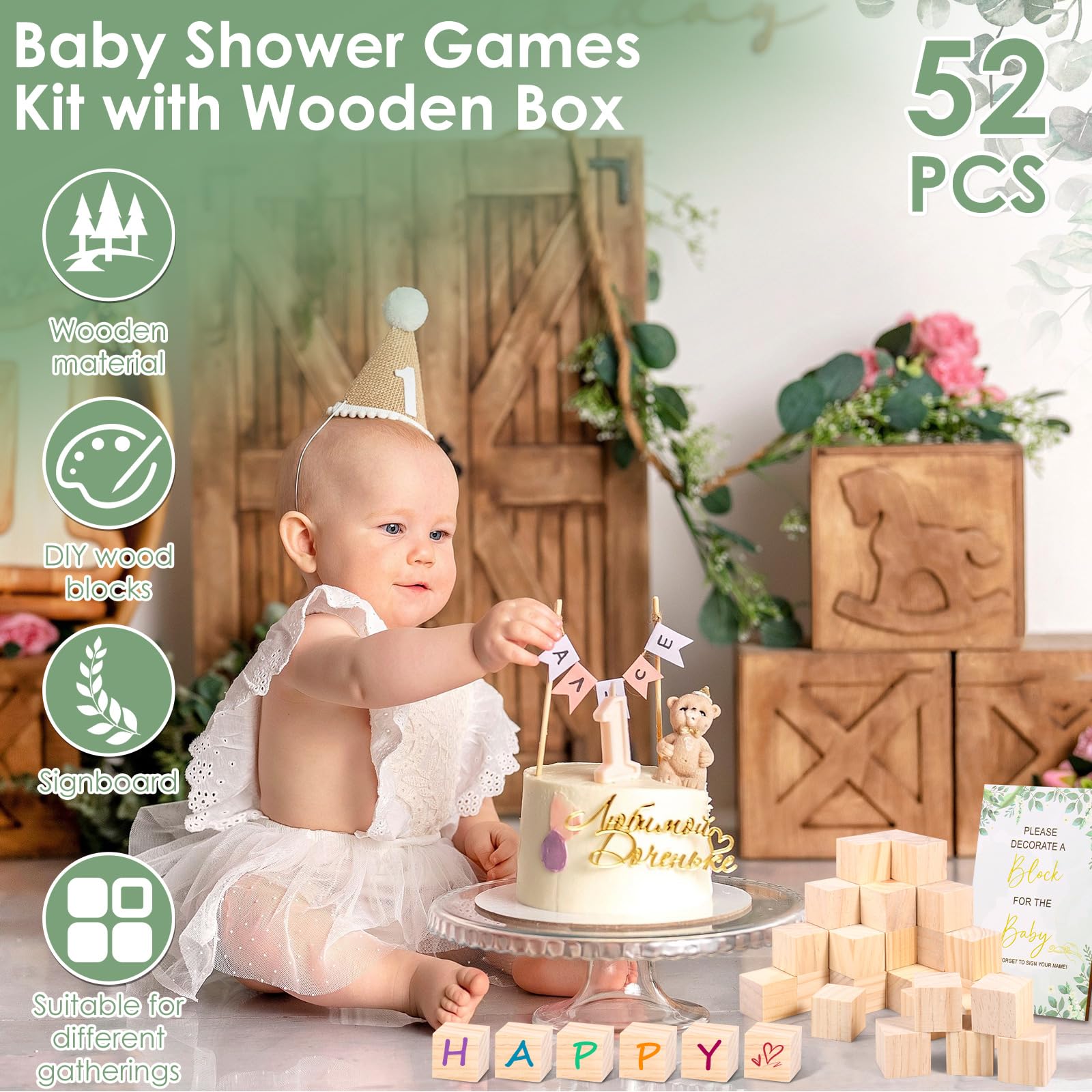 Zestaw 78 sztuk klocków na baby shower, do malowania baby shower, zabawy z długopisami, drewnianymi klockami, tabliczkami i drewnianymi pudełkami, na baby shower i imprezy dla płci (kolor naturalnego