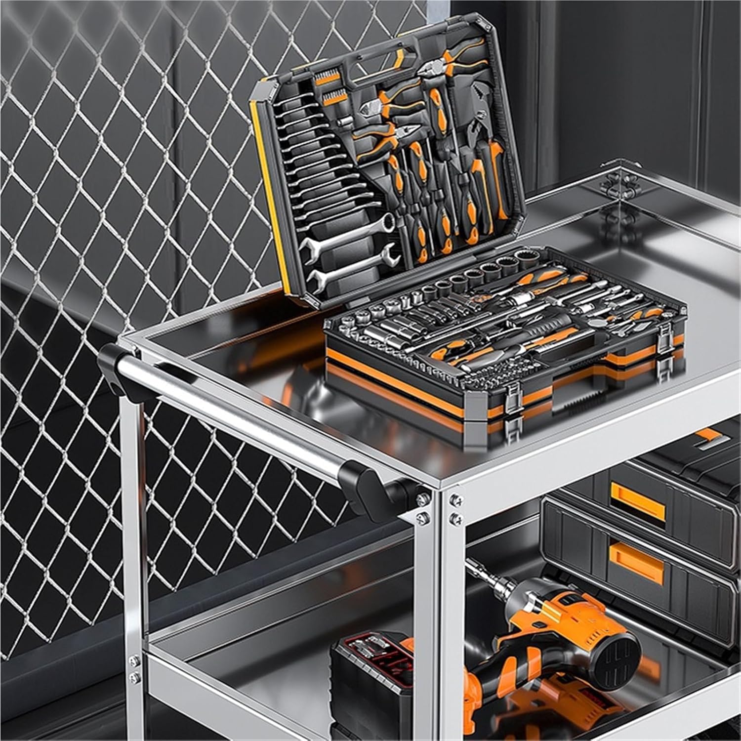 Carrello multiuso a 3 ripiani in acciaio inox con grande vassoio e ruote di bloccaggio, capacità di 300 kg per cucina, officina, magazzino
