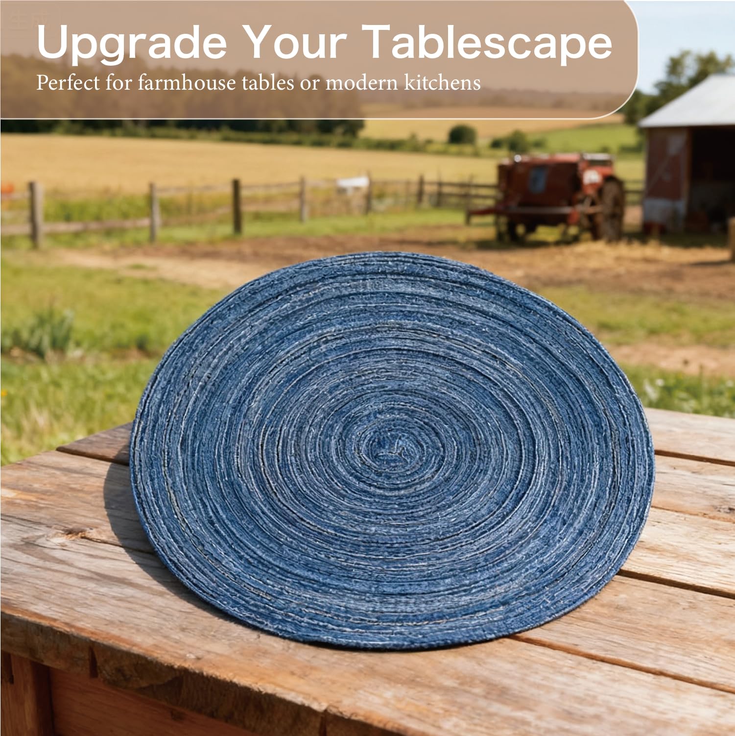 Blue Woven Placemats Set of 8,Washable Wipeable Woven TableMats Set of 8, Rattan Look Placemats,Blue ocen-Like placemats 15 Inch(Blue White)