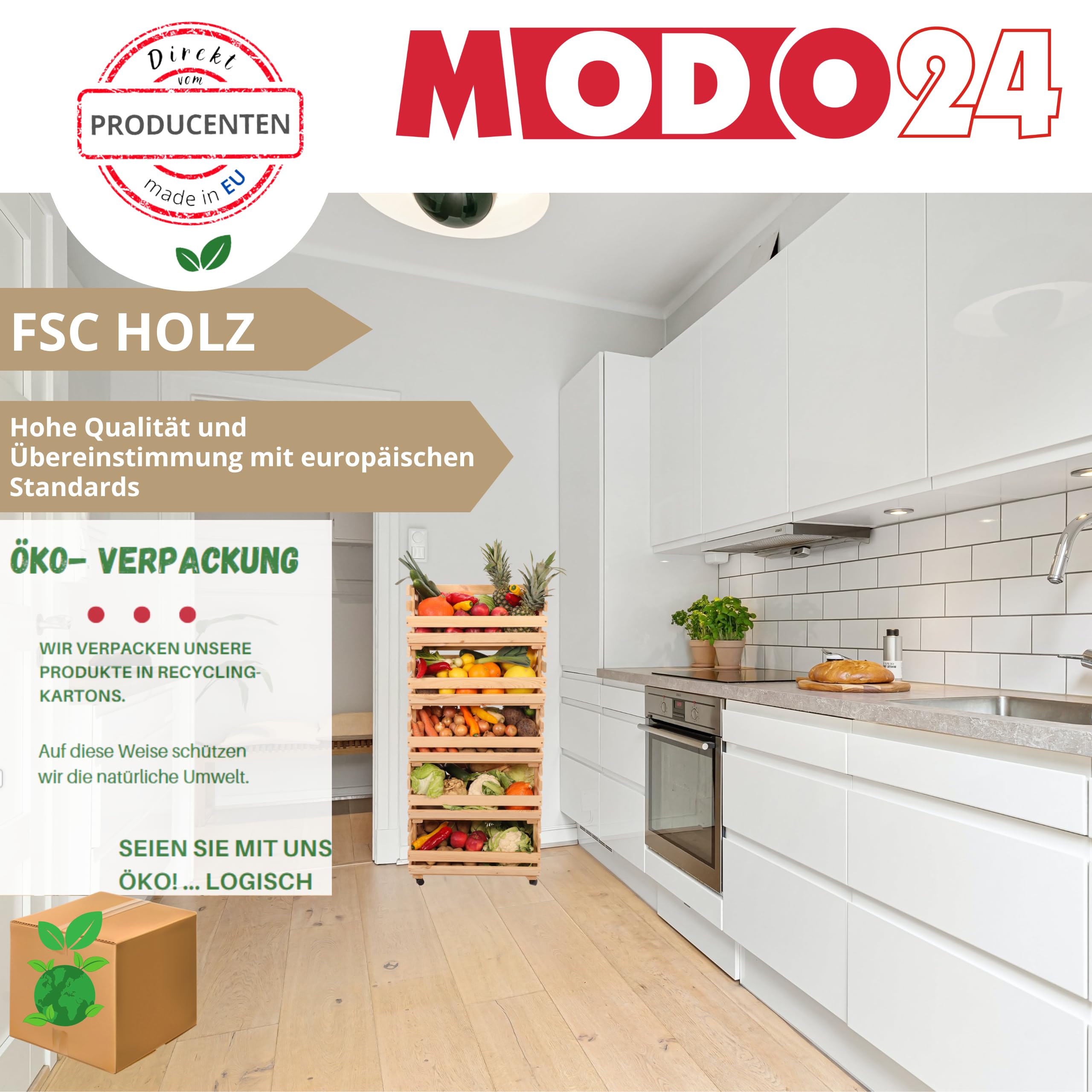 Modular Holzregal für Gemüse & Obst auf Rollen, Stapelbares Regalsystem aus Kiefernholz, 5 Holzkisten, Kartoffelsteige, Küchenregal, Vorratsregal, Gemüseregal, Abm. 132x37x30 cm, Fargbe: Grau