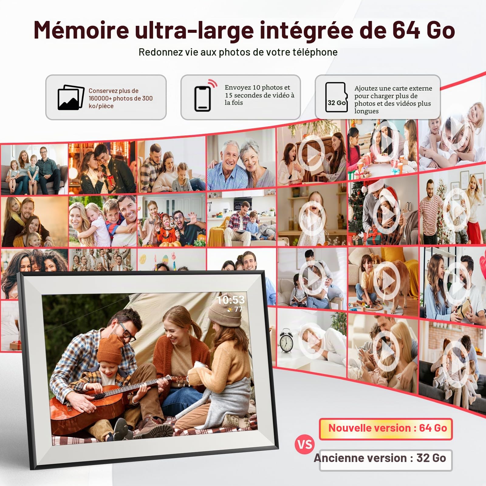Hesmor 64 Go Cadre Photo numérique Frameo WiFi 10,1", écran Tactile LCD IPS 1280 x 800, Rotation Automatique et Audio, Partage de Photos ou de vidéos Via l'application Frameo n'importe où