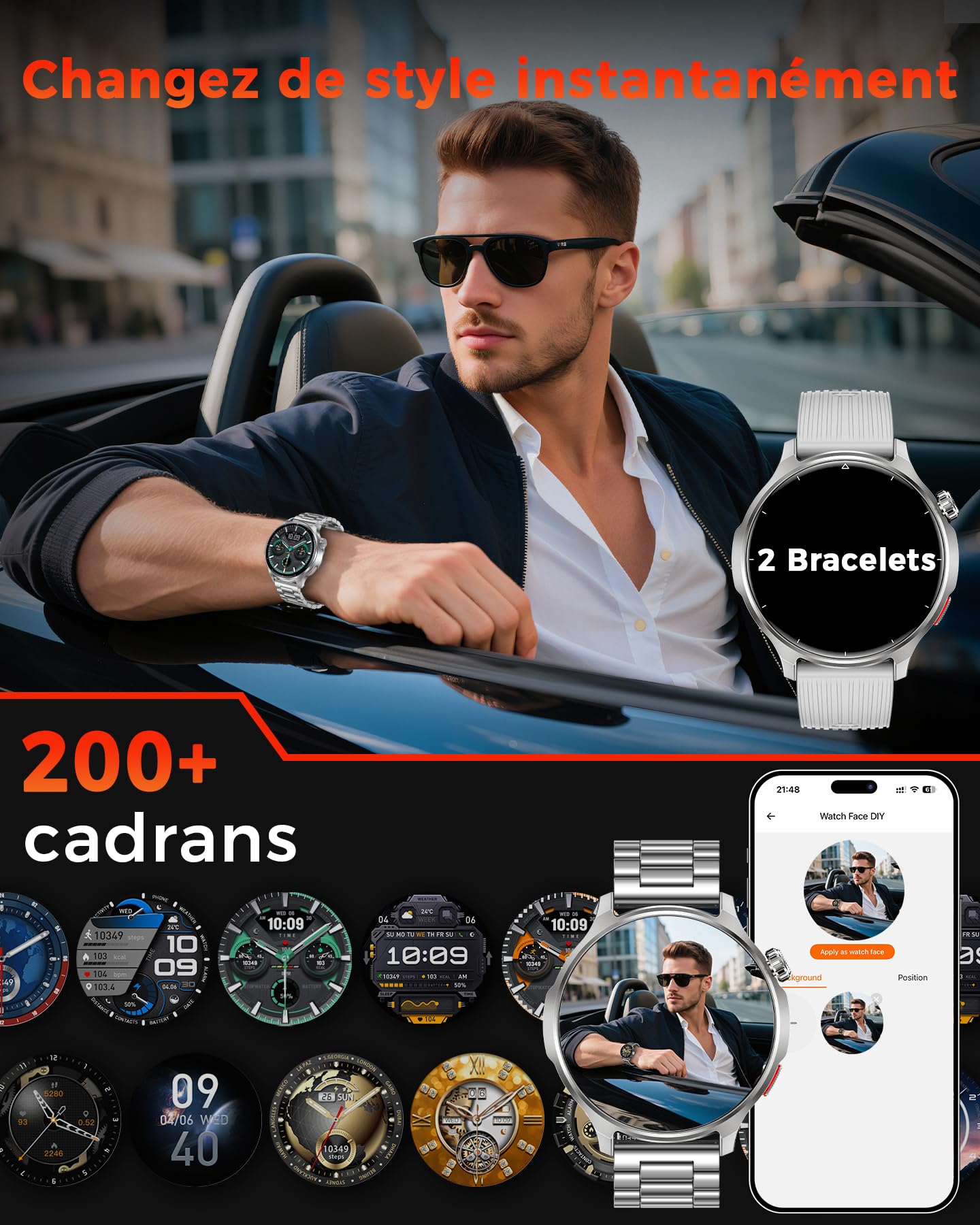 Montre Connectée Homme 1,52", Batterie 1000 mAh, Appels Bluetooth | Fréquence Cardiaque, SpO₂, Sommeil et Stress, 120+ Modes Sport, Podomètre, IP68 Étanche, Android iOS, Deux Bracelets, Argent