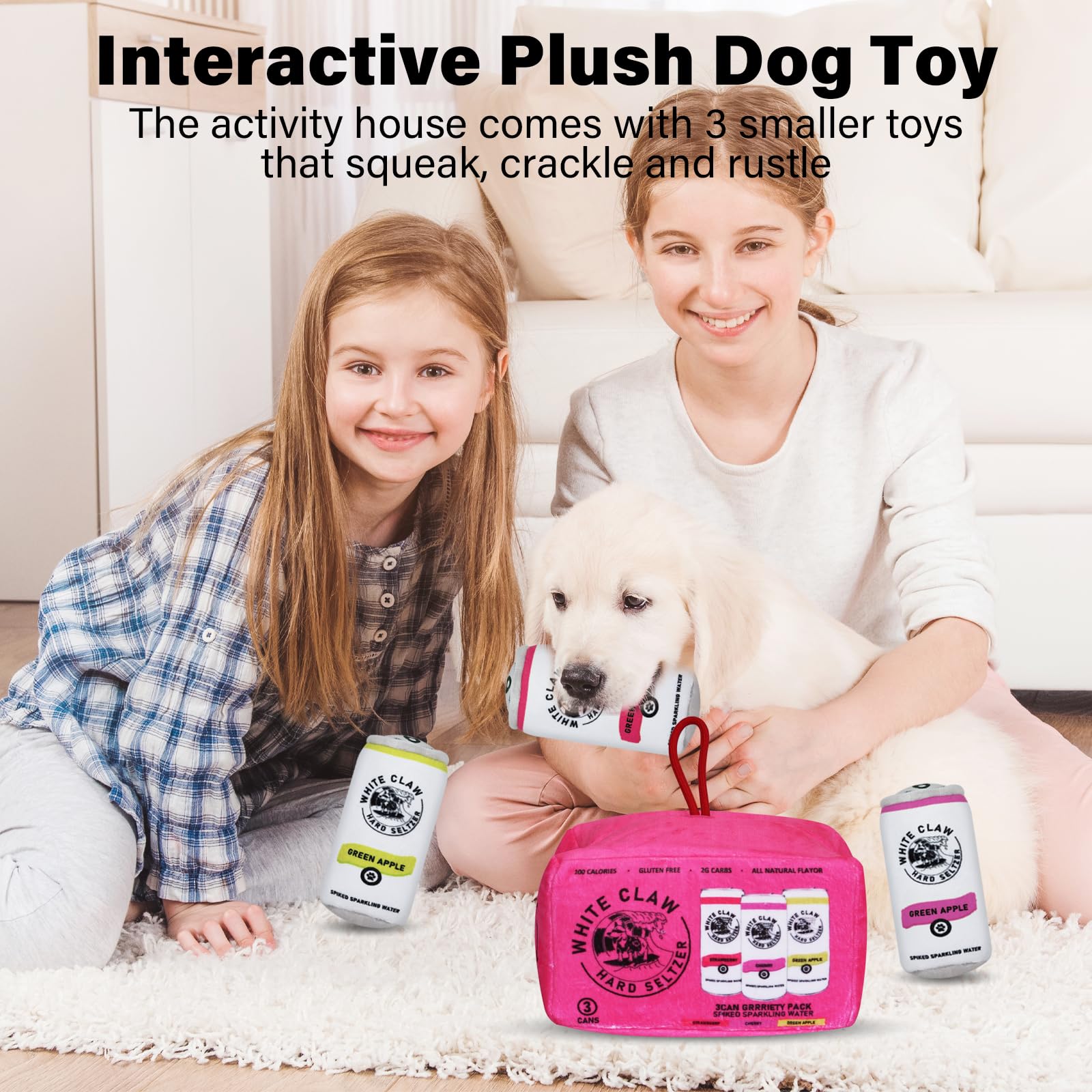 Juguete chirriante de peluche para cachorros, divertido patrón de botella de vino de imitación, tres juguetes en miniatura y juego de combinación de casa de actividades, adecuado para regalos