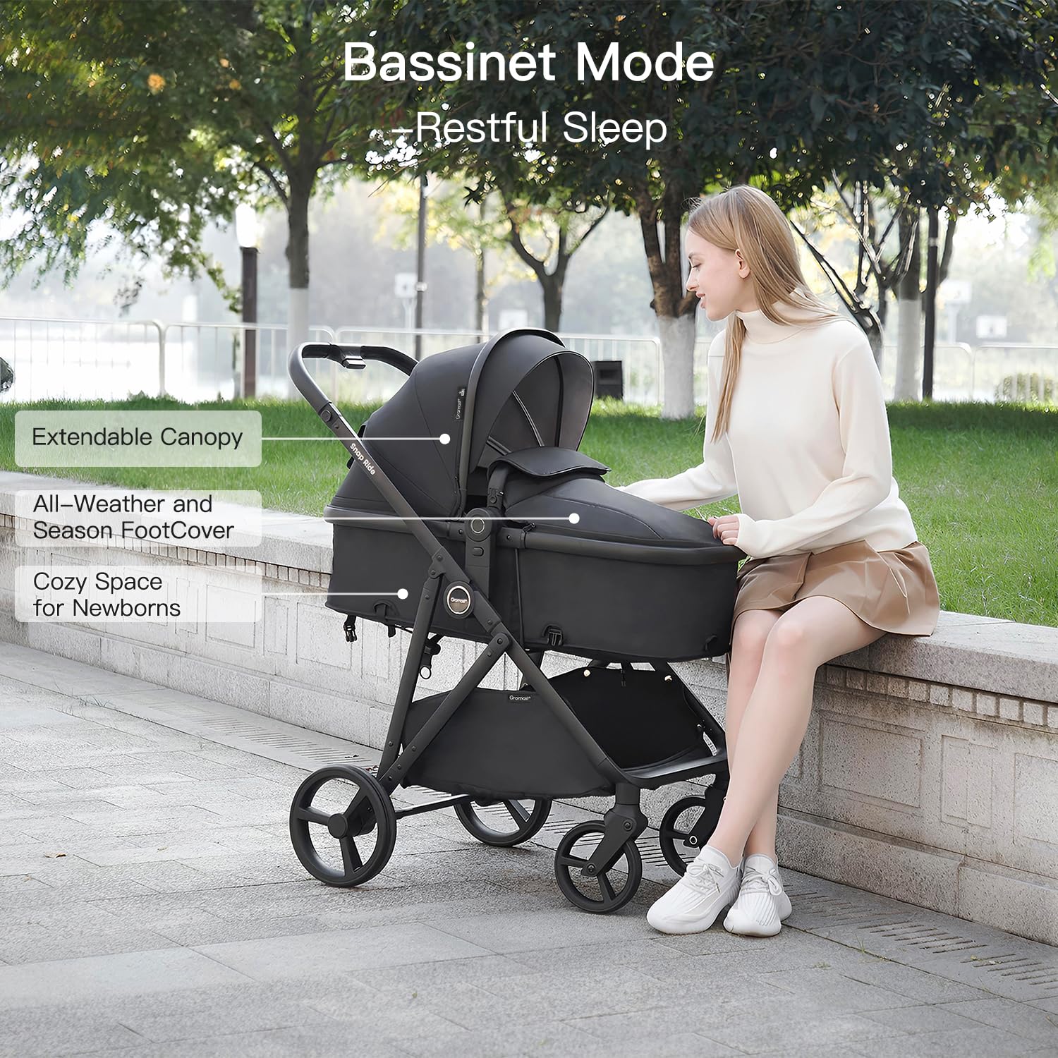 Gromast Cochecito 3 en 1, cochecito convertible para recién nacidos y niños pequeños con asiento reversible, capota con protección UPF 50+ y portavasos - Negro