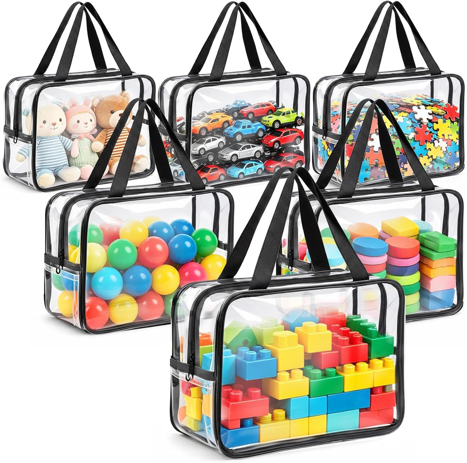 6 Pcs Clear Toy Storage Bags with Handle, Waterproof PVC Organisers with Double Zipper, Travel Container Pouch for Lego Bricks, Building Blocks, Cars, Puzzles, Pretend Play Toys (Black)