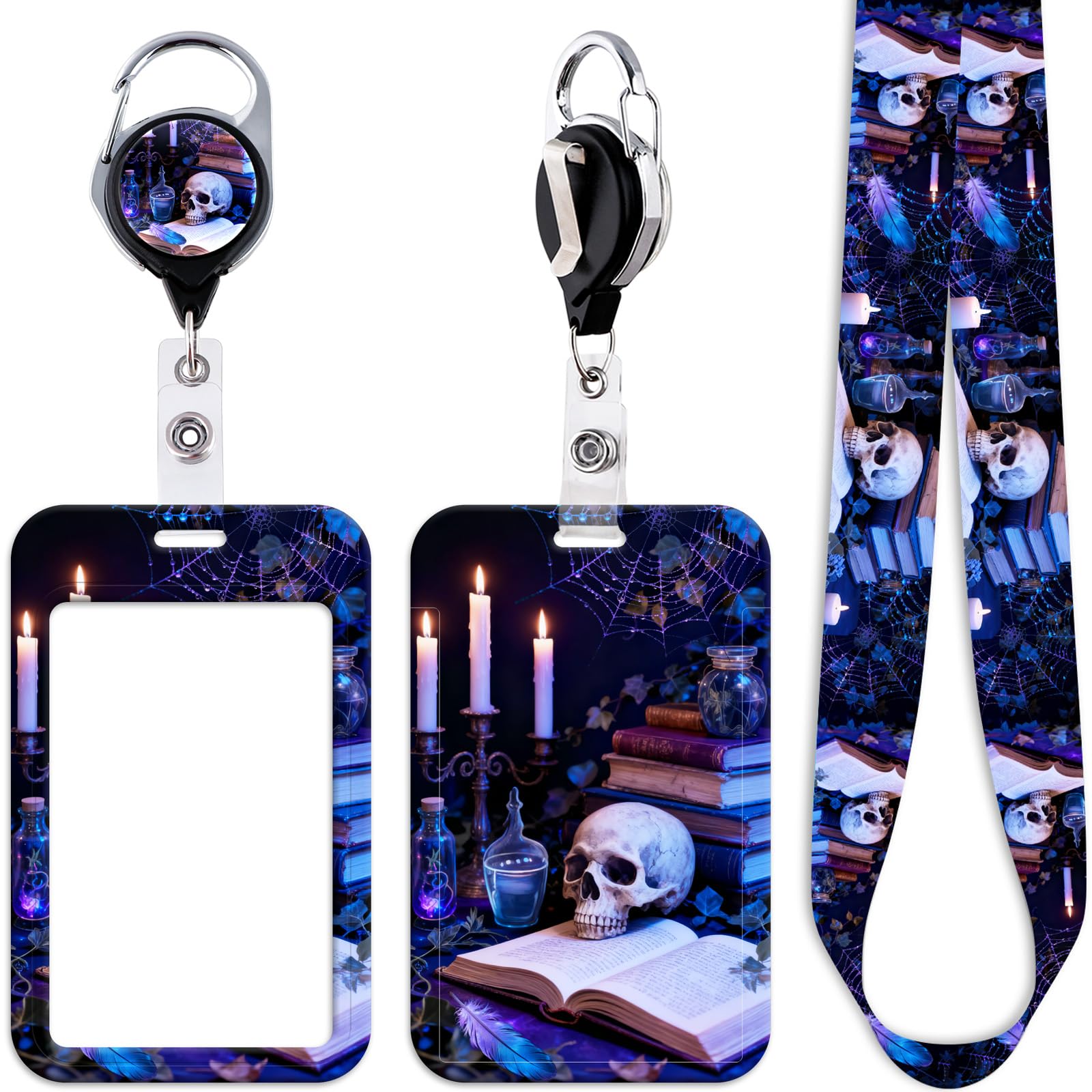 Cool Skull & Books Badge Reel with ID Card Holder Lanyard Goth Keychain Heavy Duty Retractable Badge Holder Reel Clip Lanyard ID Holder for Keys Name Tag,for Office Nurses Staff & School ID — image 1