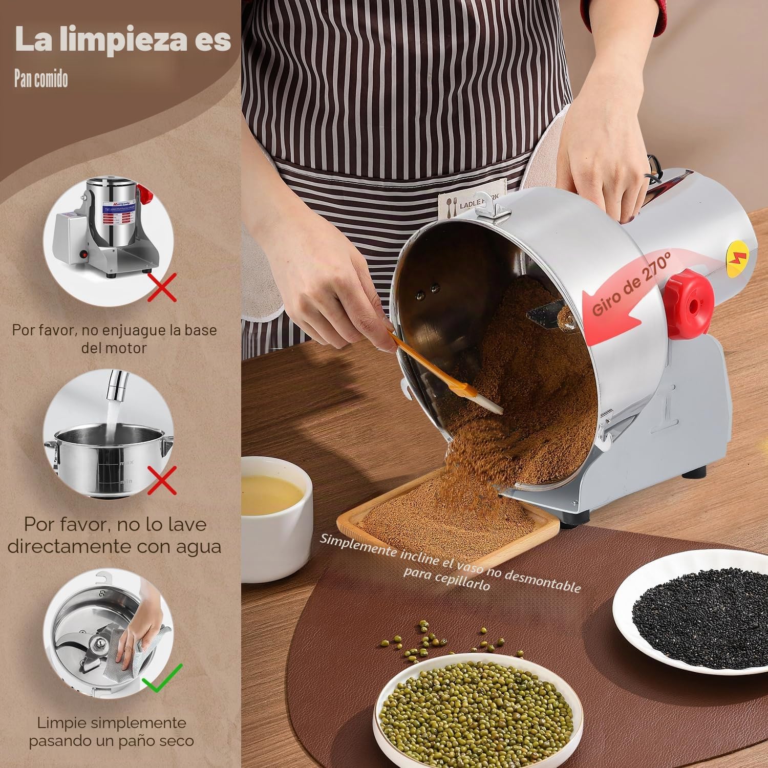 Moongiantgo 2500g Molino de Cereales Eléctrico con pantalla LED, Acero inoxidable & Motor Comercial 3600W 36000RPM, Molienda Ultrafina de Alta Velocidad 30S, para Cereales / Hierbas / Especias / Nuez