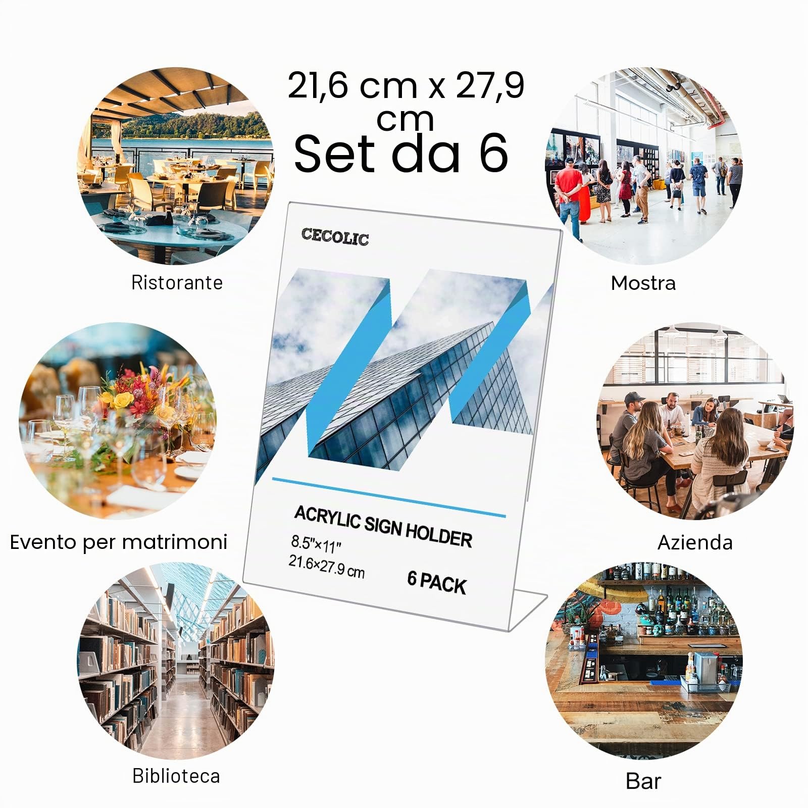 Confezione da 6 supporti in acrilico trasparente, supporto per menù con retro inclinato, espositore per menu, espositori per documenti e documenti per scrivania da ufficio, 21,6 x 27,9 cm